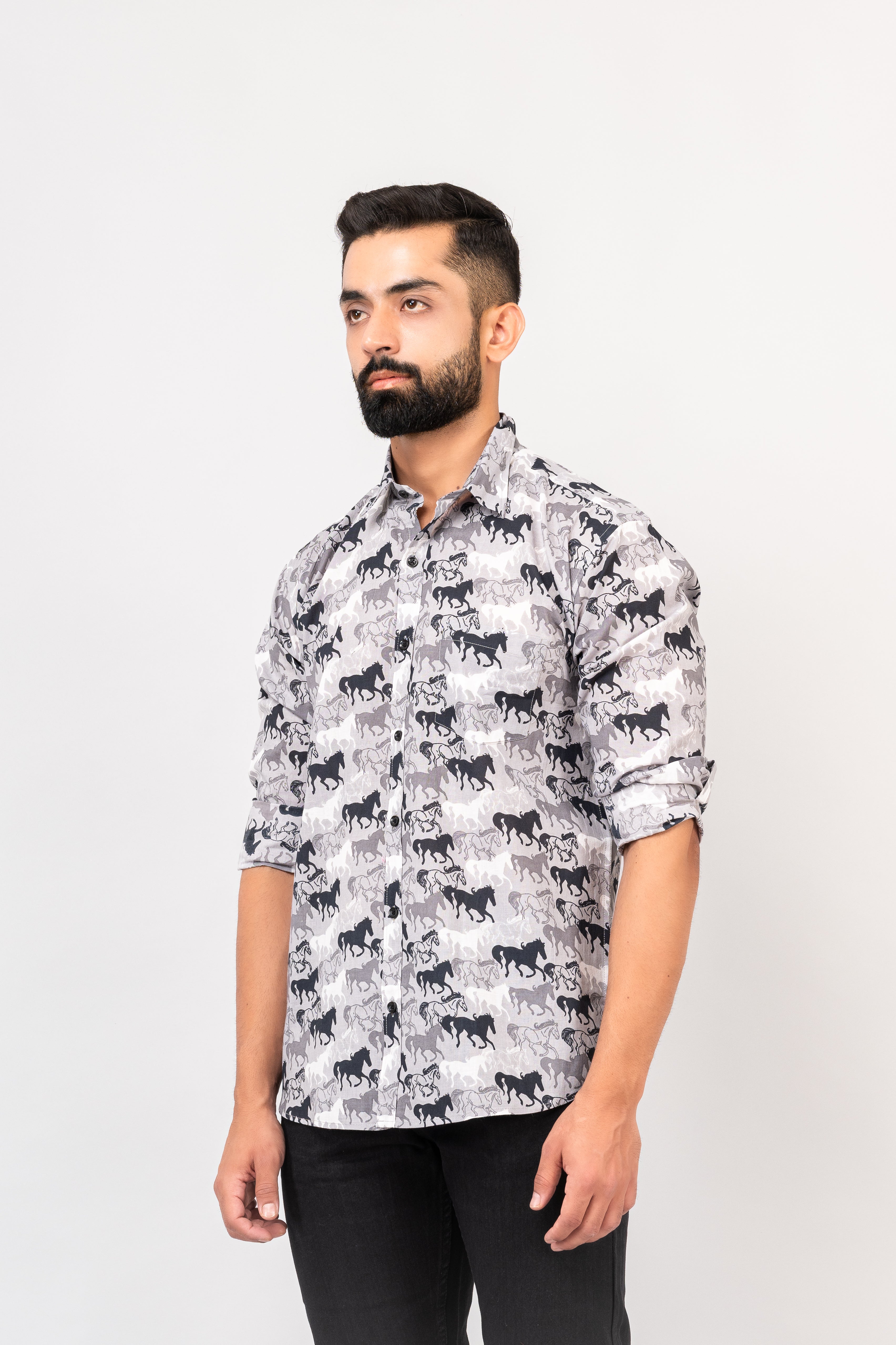 Grey Sanganeri Horse Printed Shirt