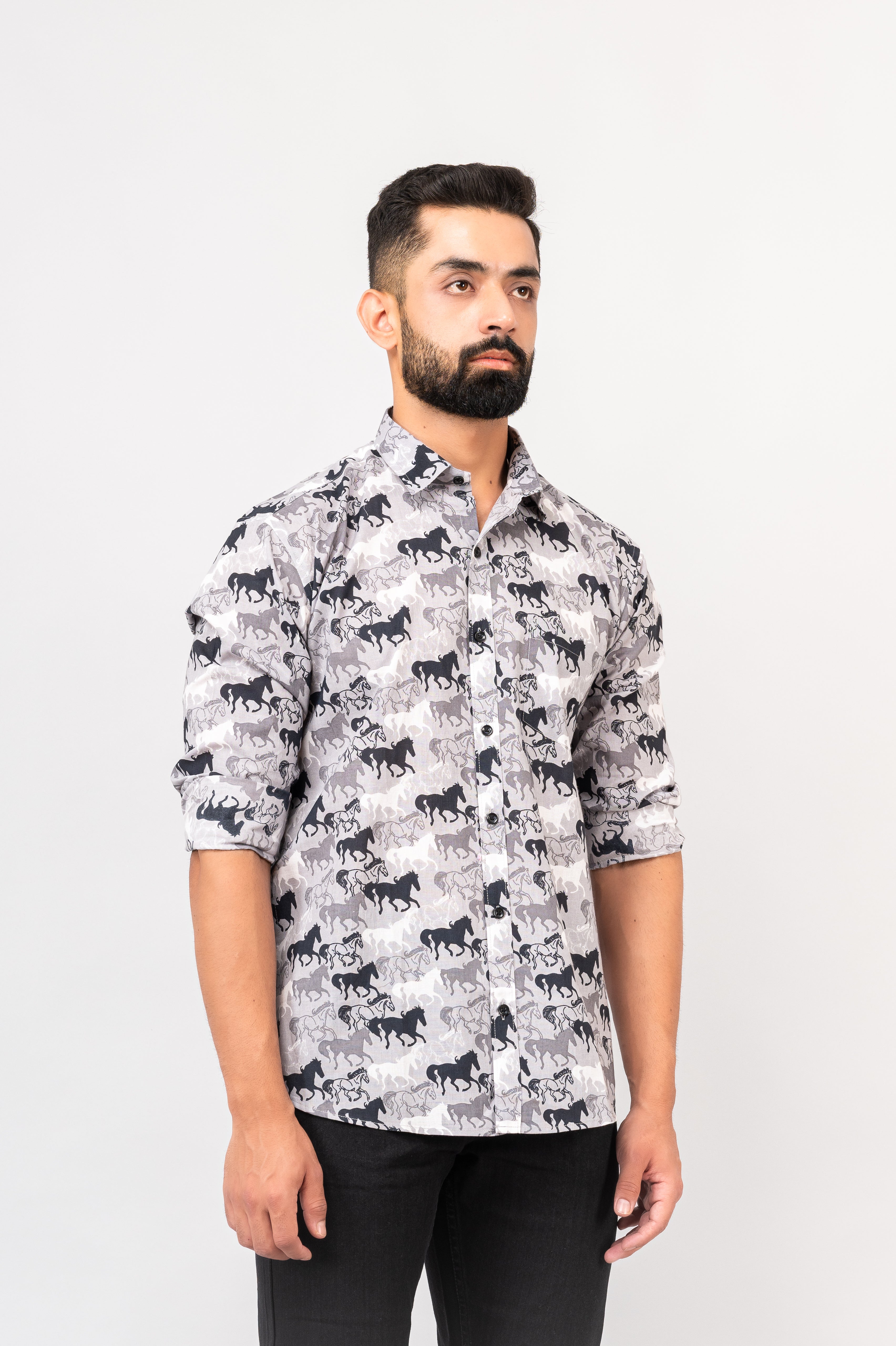Grey Sanganeri Horse Printed Shirt