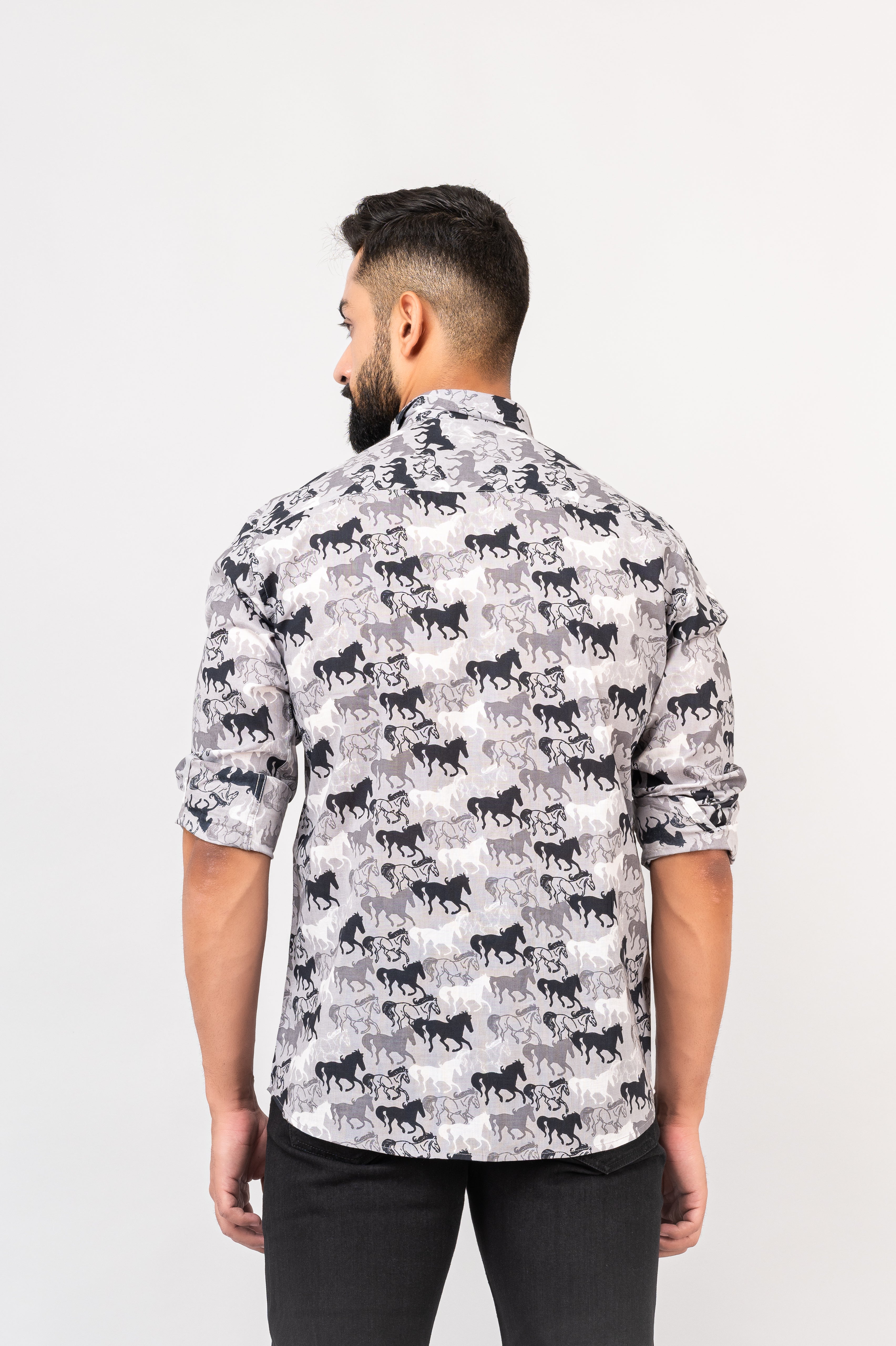 Grey Sanganeri Horse Printed Shirt