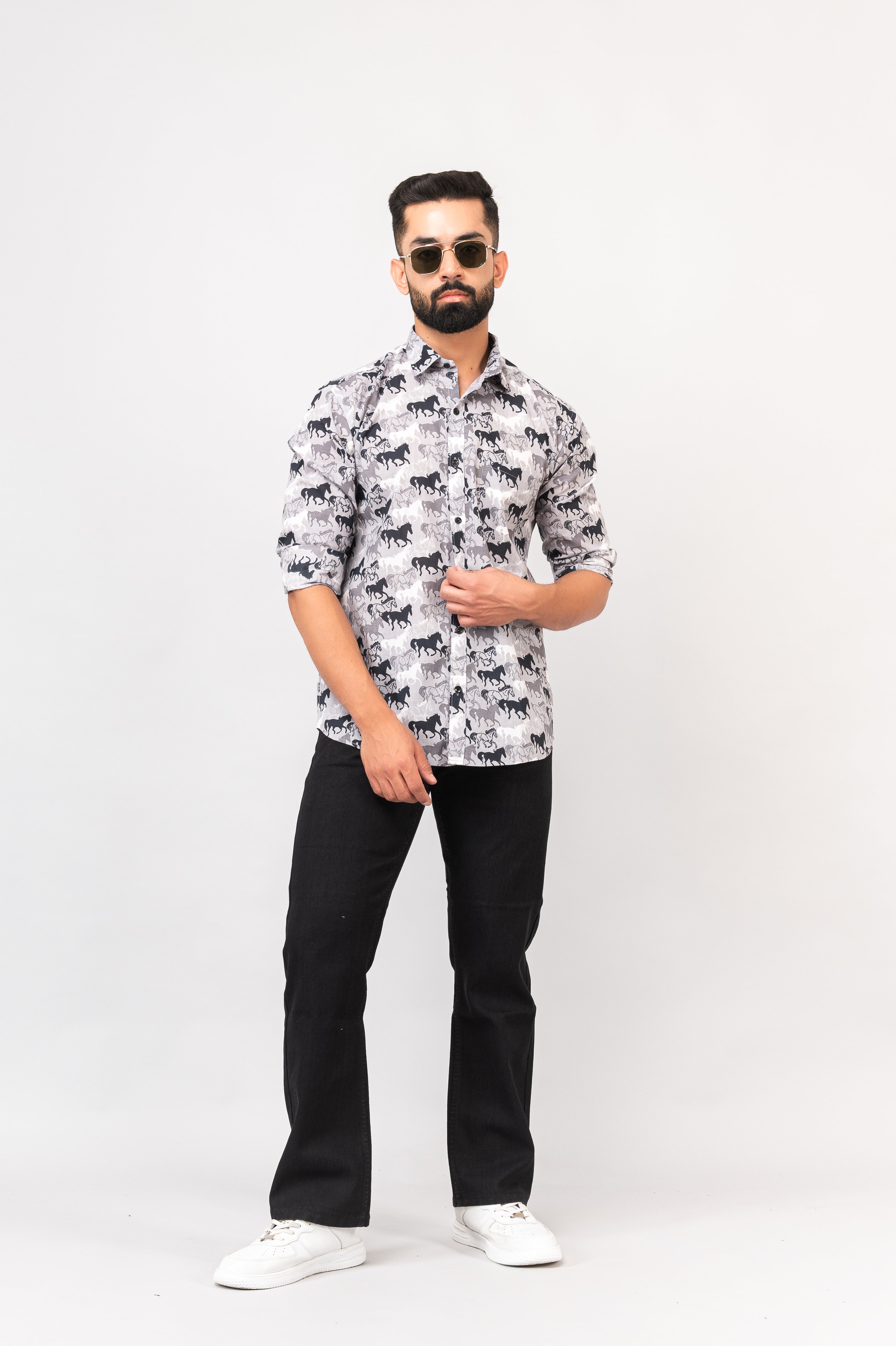 Grey Sanganeri Horse Printed Shirt