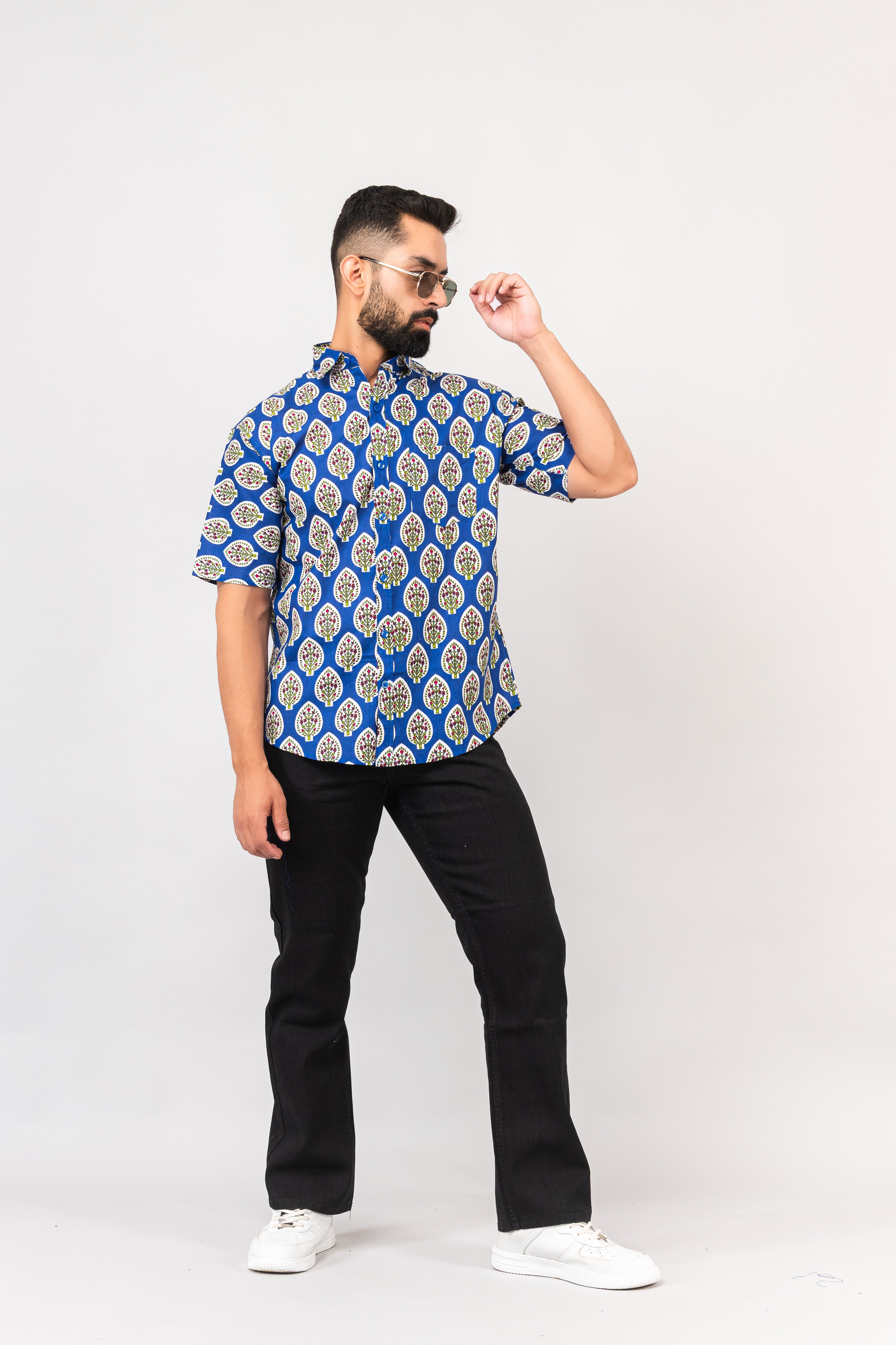 Royal Blue Half Sleeve Block Printed Shirt