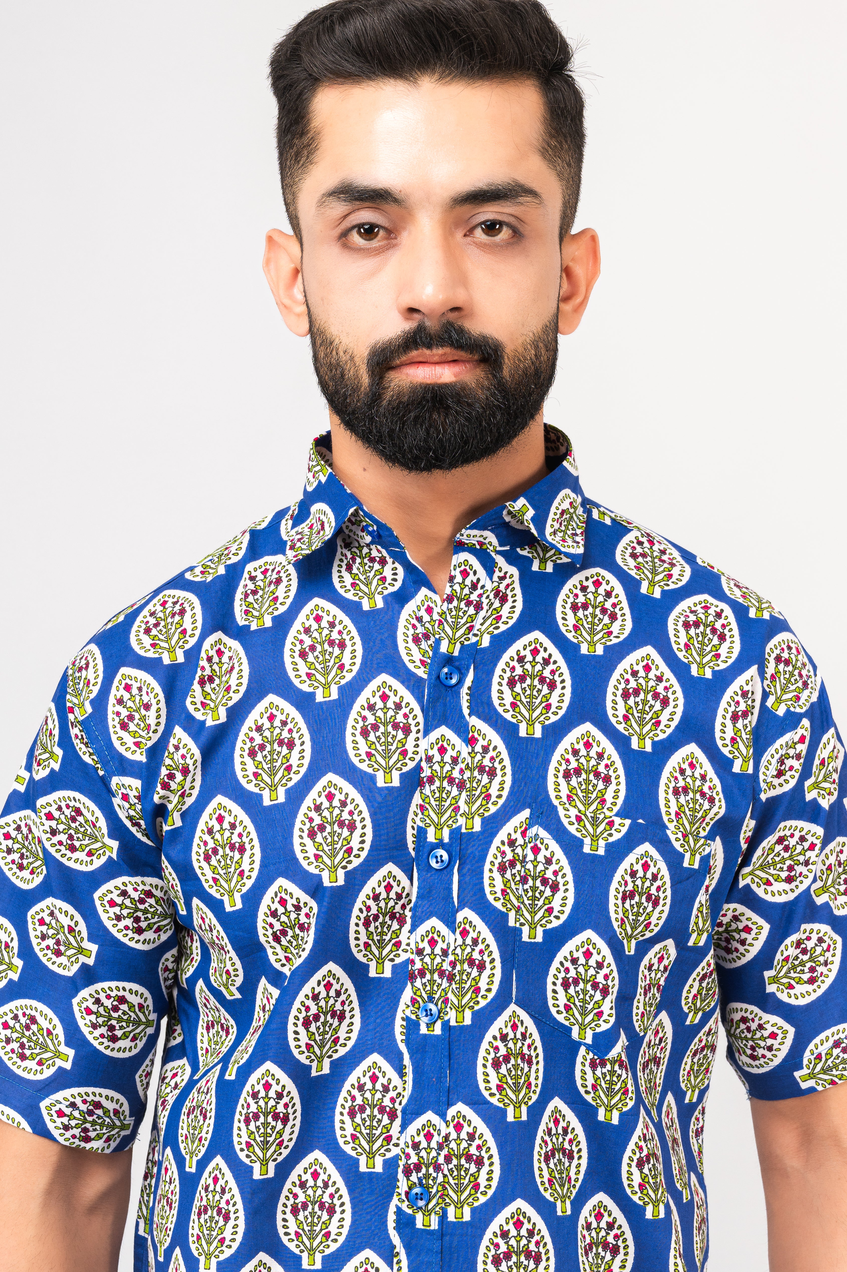 Royal Blue Half Sleeve Block Printed Shirt