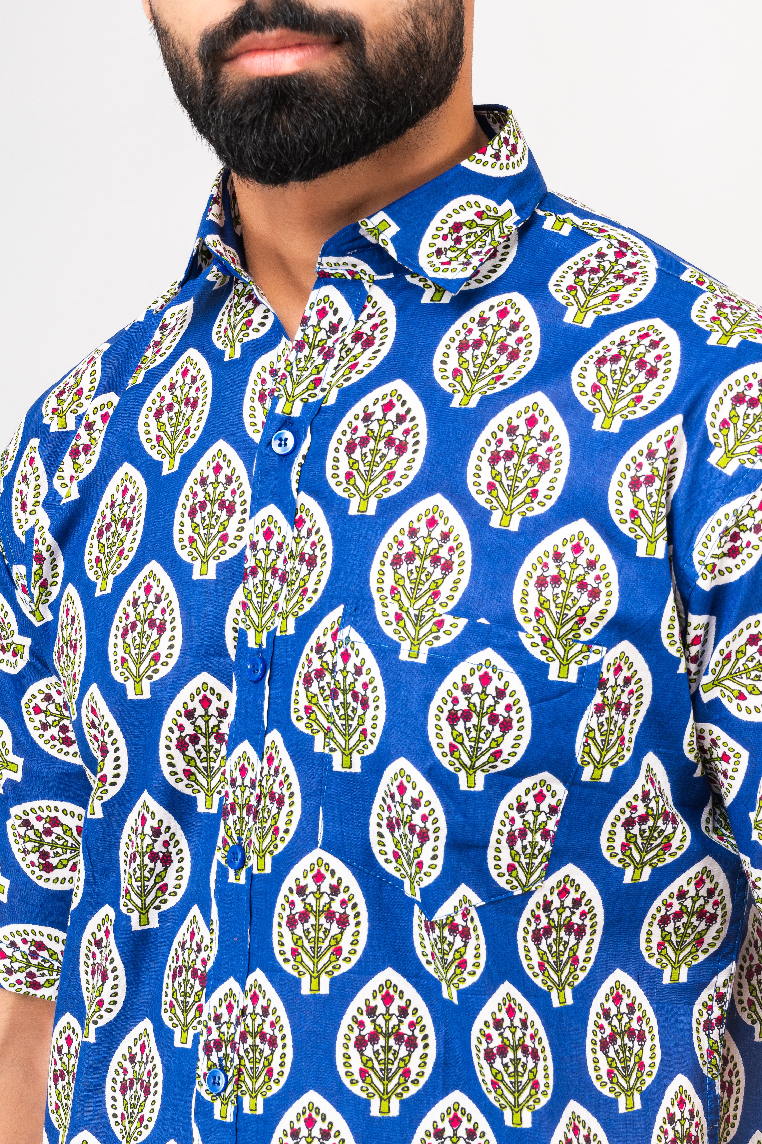Royal Blue Half Sleeve Block Printed Shirt