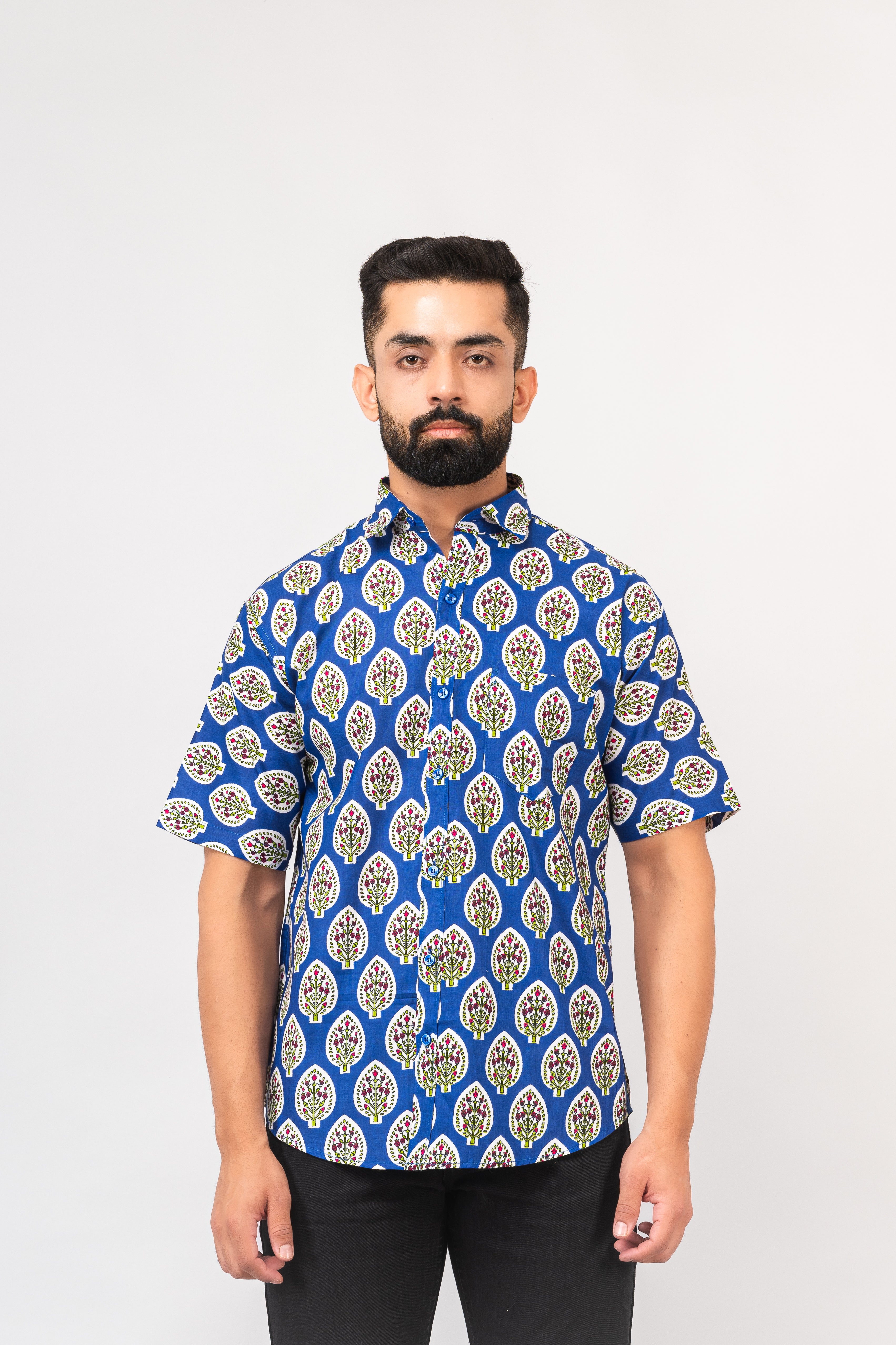 Royal Blue Half Sleeve Block Printed Shirt