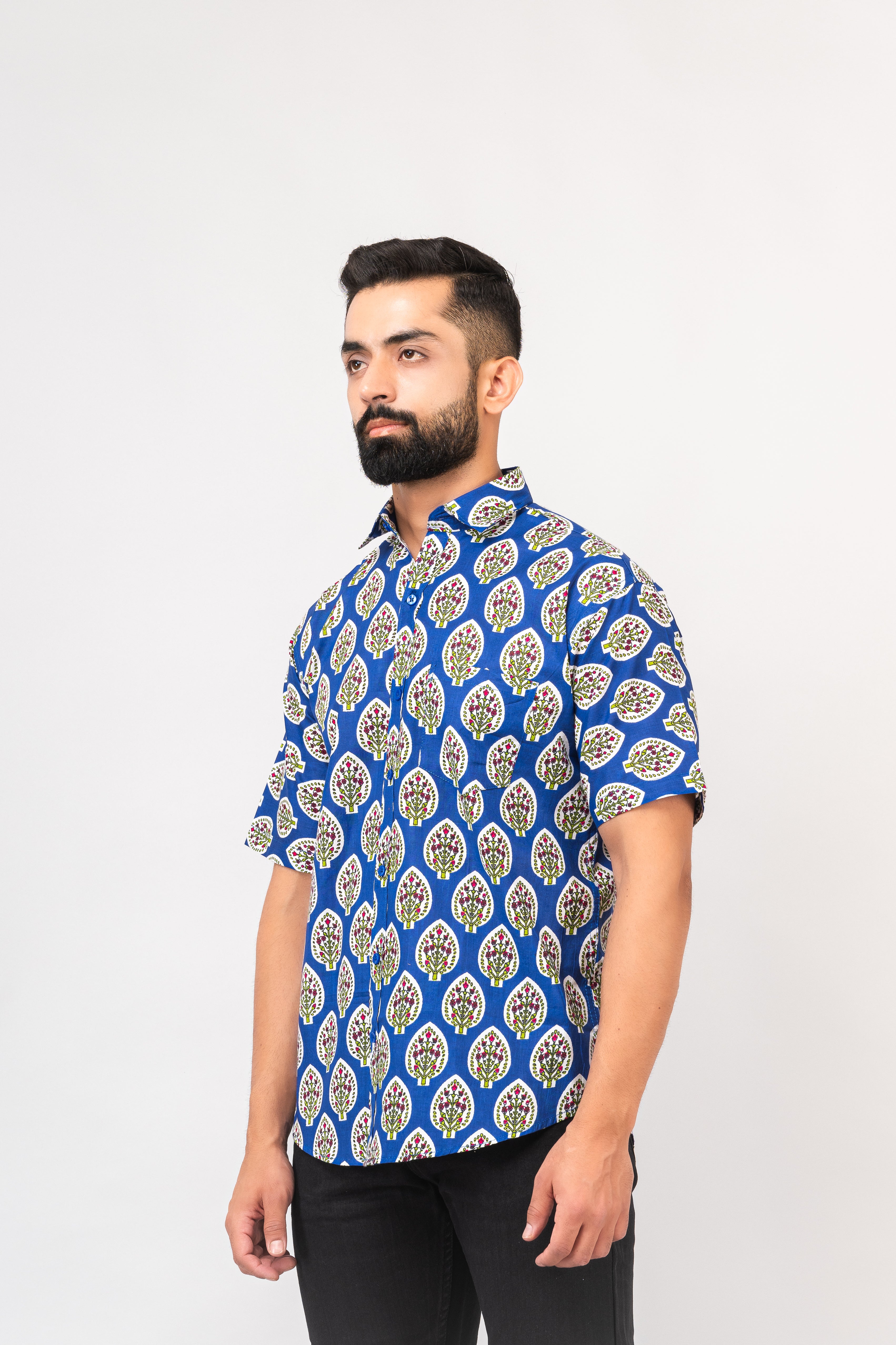 Royal Blue Half Sleeve Block Printed Shirt