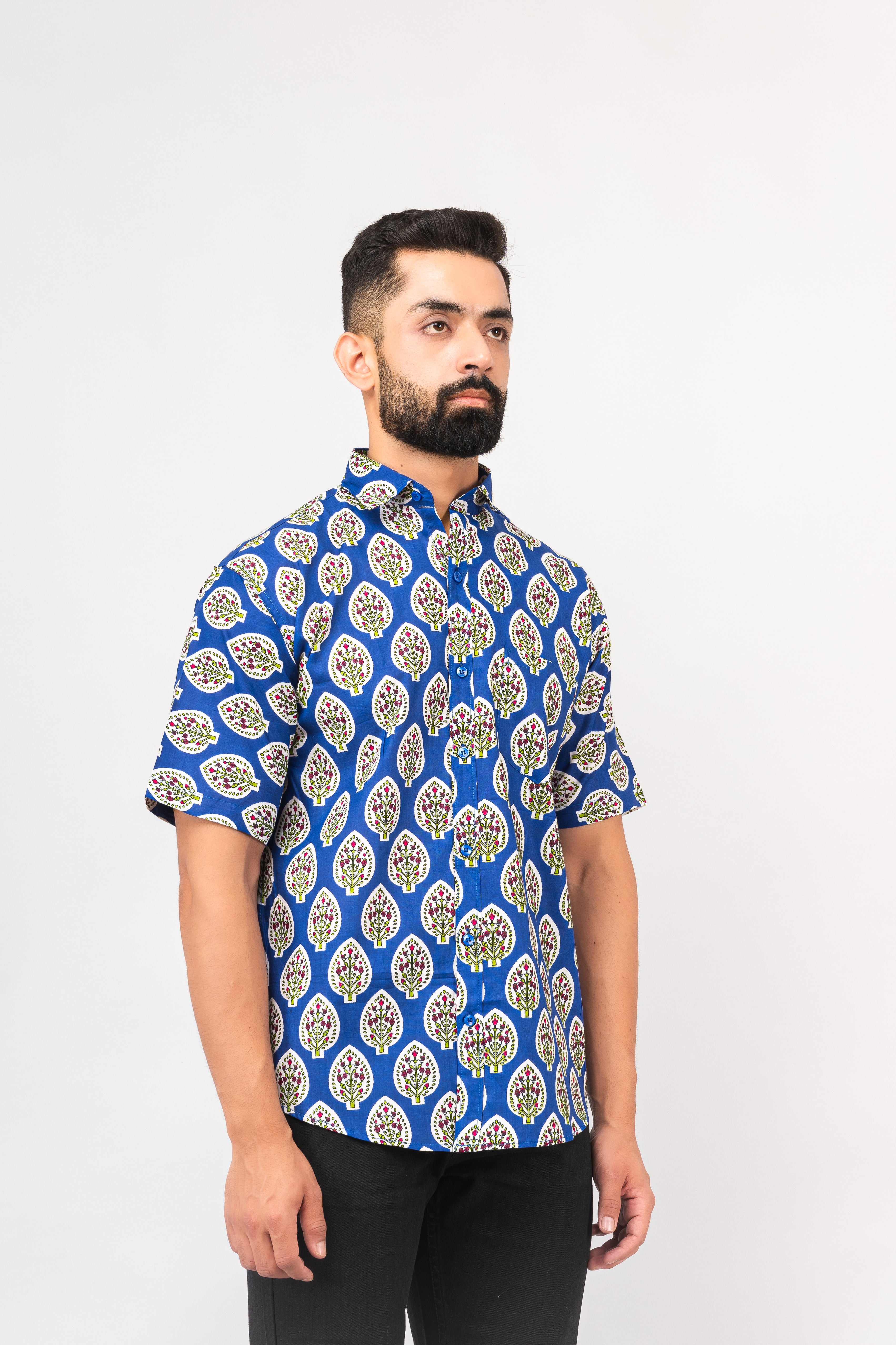 Royal Blue Half Sleeve Block Printed Shirt