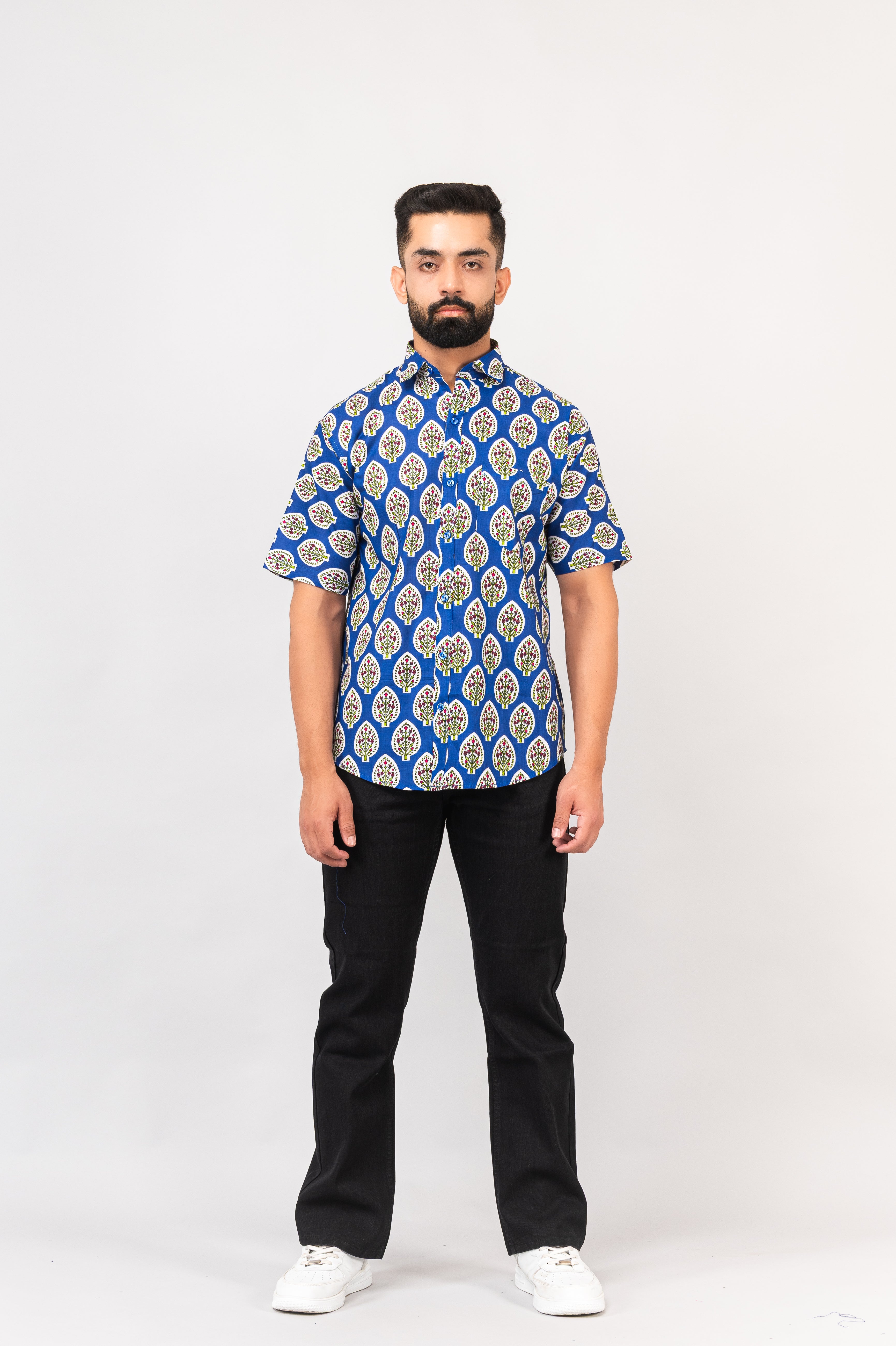 Royal Blue Half Sleeve Block Printed Shirt