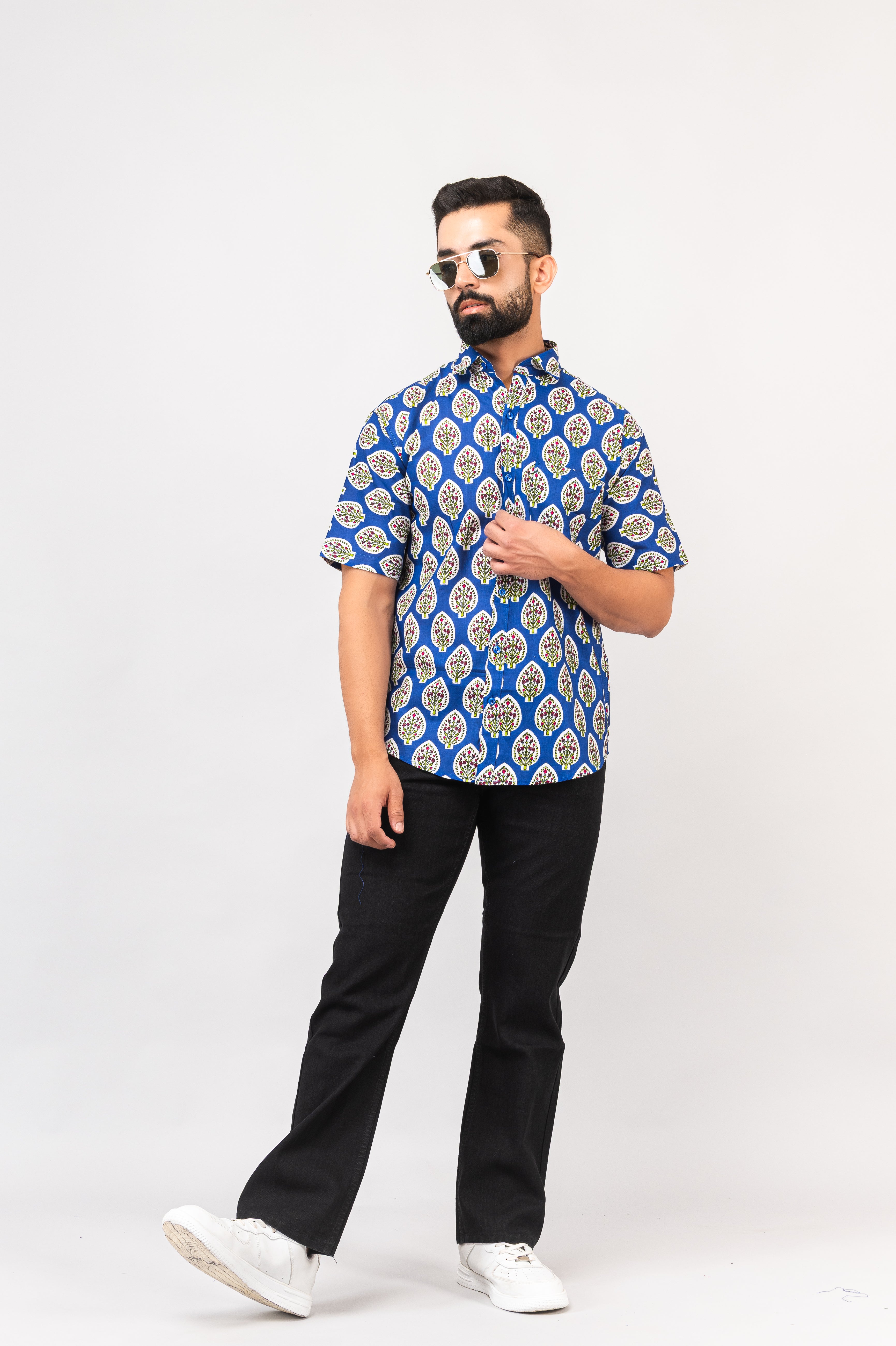 Royal Blue Half Sleeve Block Printed Shirt