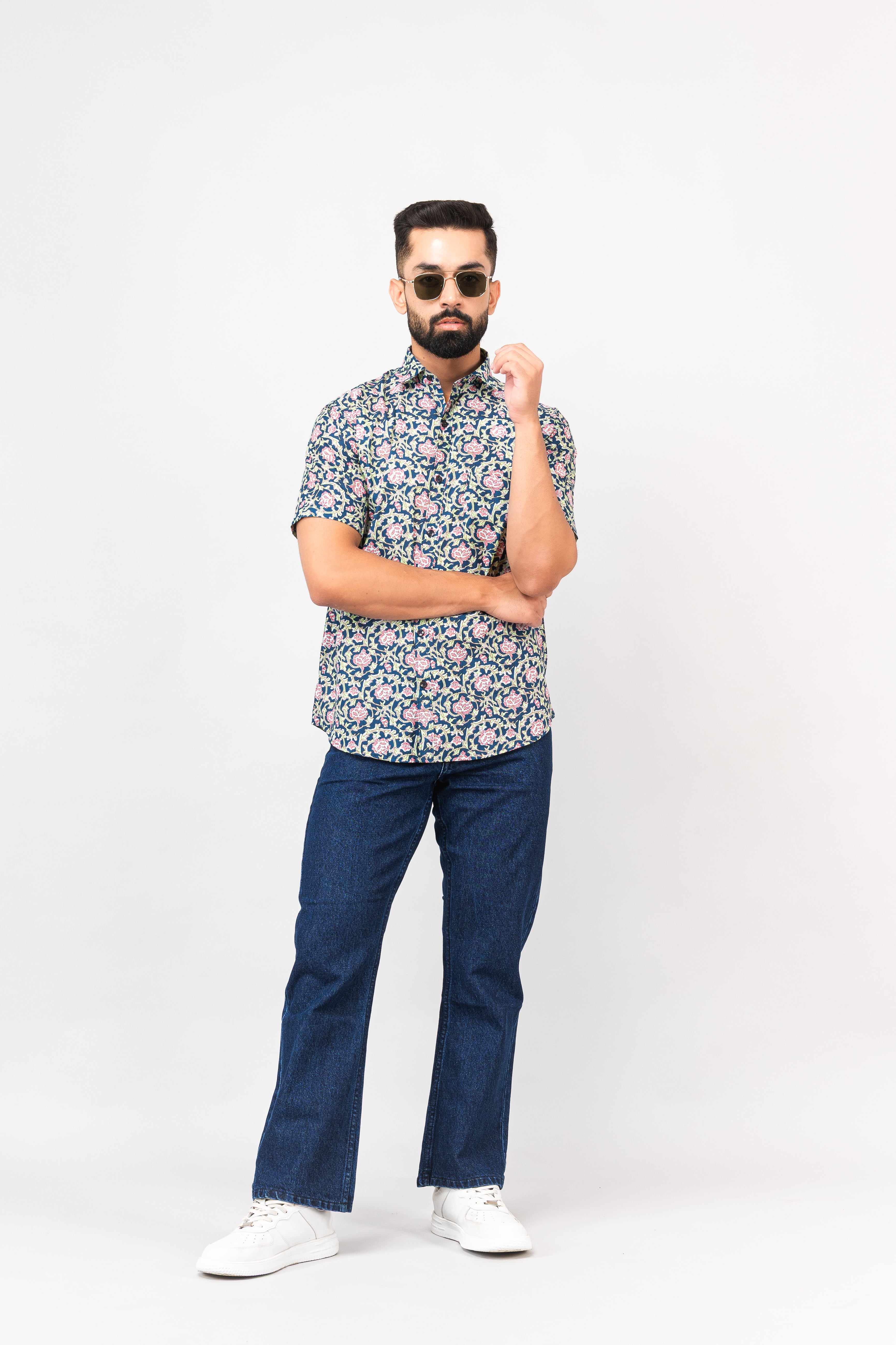 Navy Blue Calico Print Half Sleeves Shirt