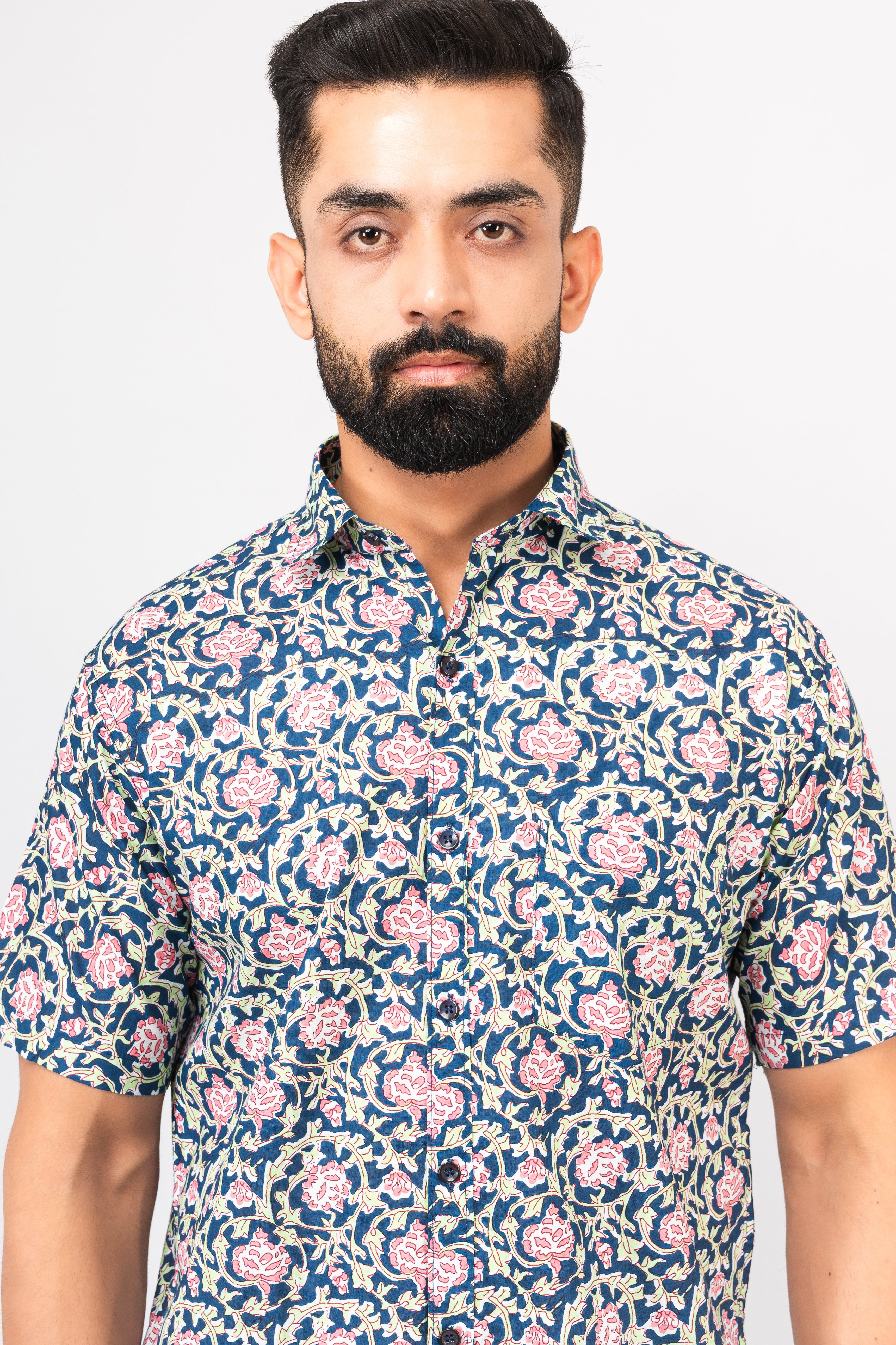 Navy Blue Calico Print Half Sleeves Shirt