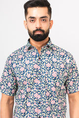 Navy Blue Calico Print Half Sleeves Shirt