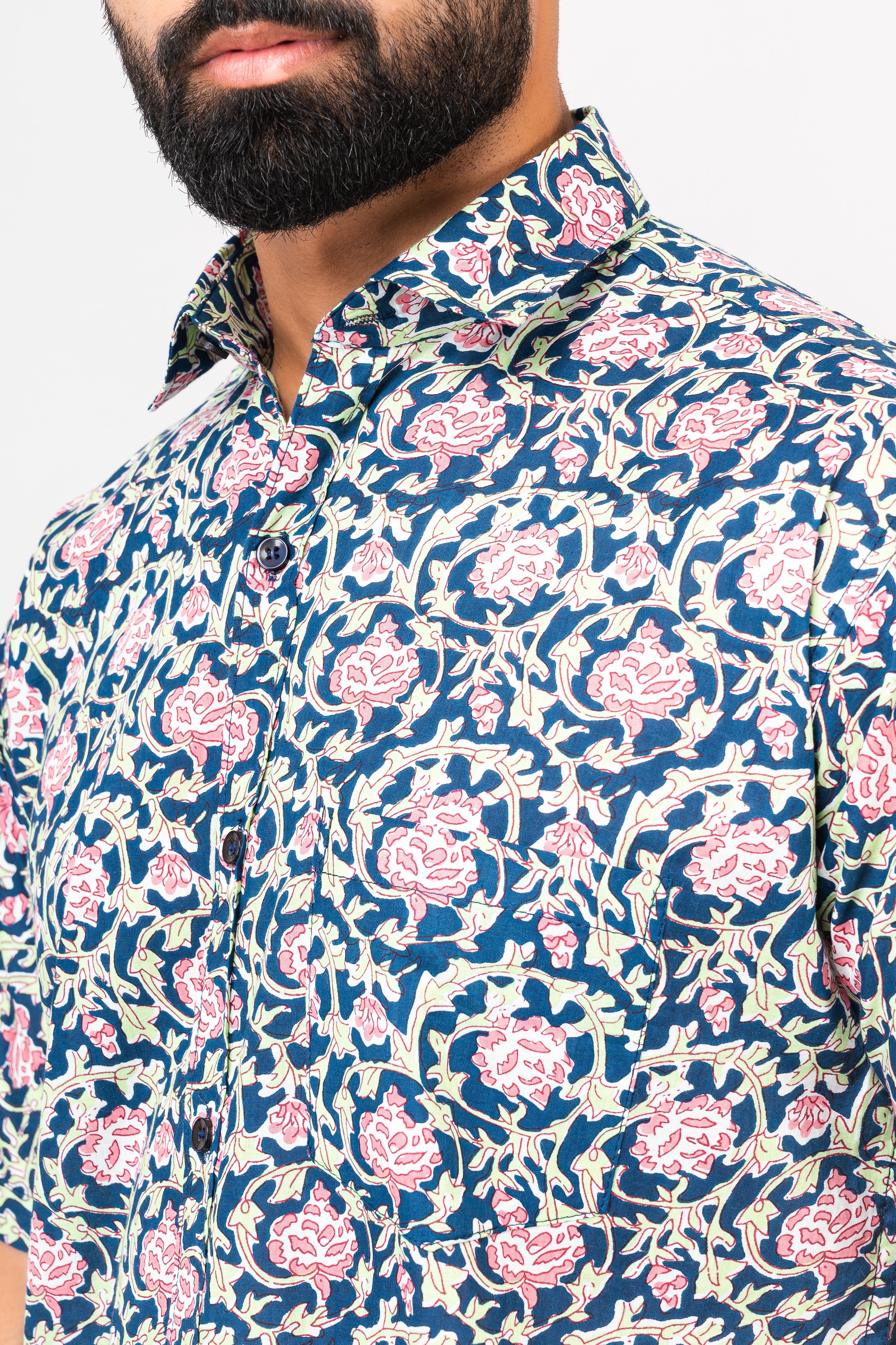 Navy Blue Calico Print Half Sleeves Shirt