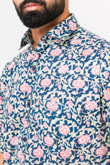 Navy Blue Calico Print Half Sleeves Shirt