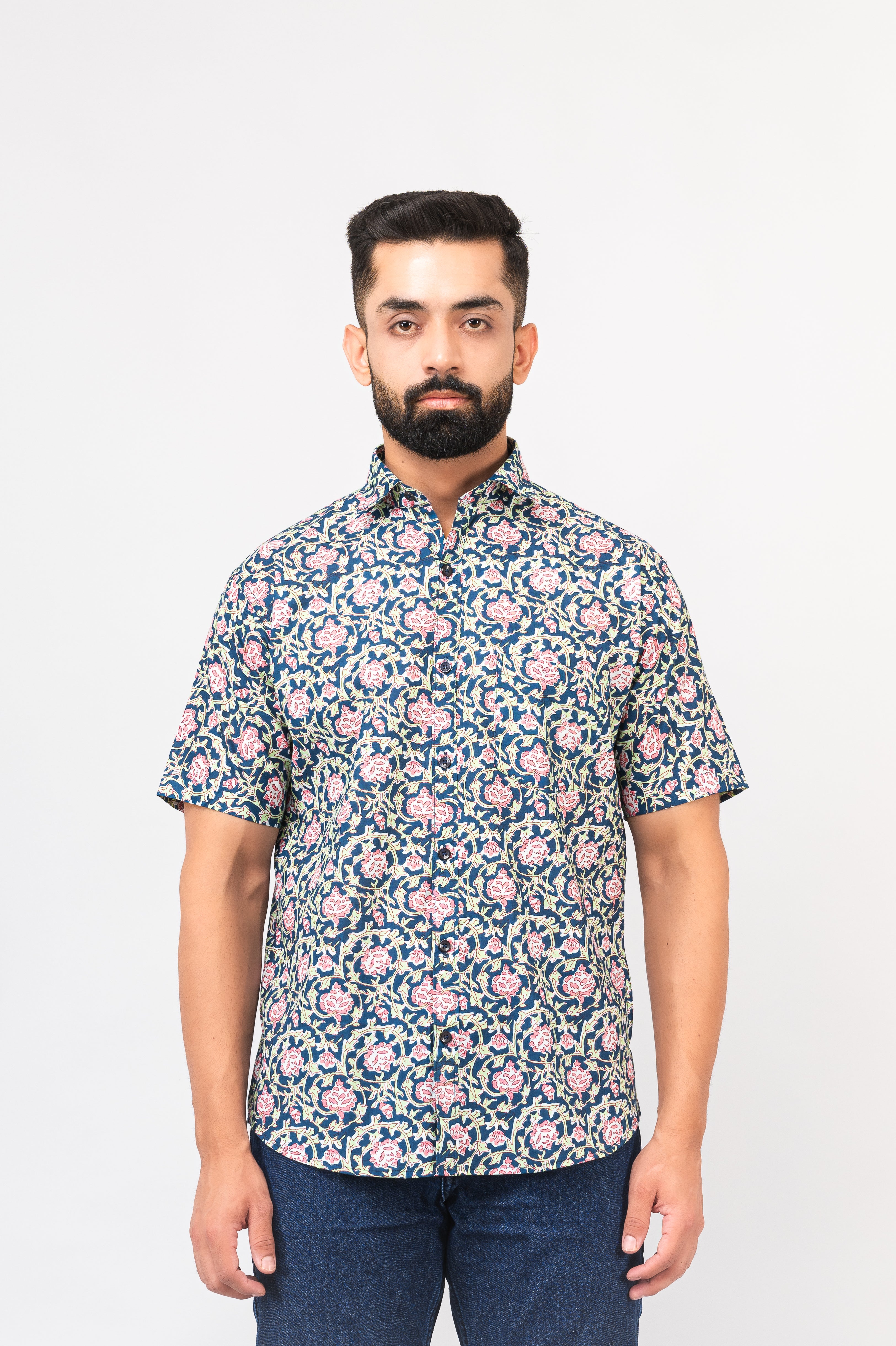 Navy Blue Calico Print Half Sleeves Shirt