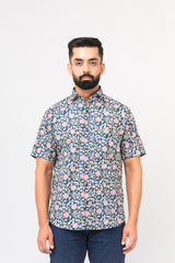 Navy Blue Calico Print Half Sleeves Shirt