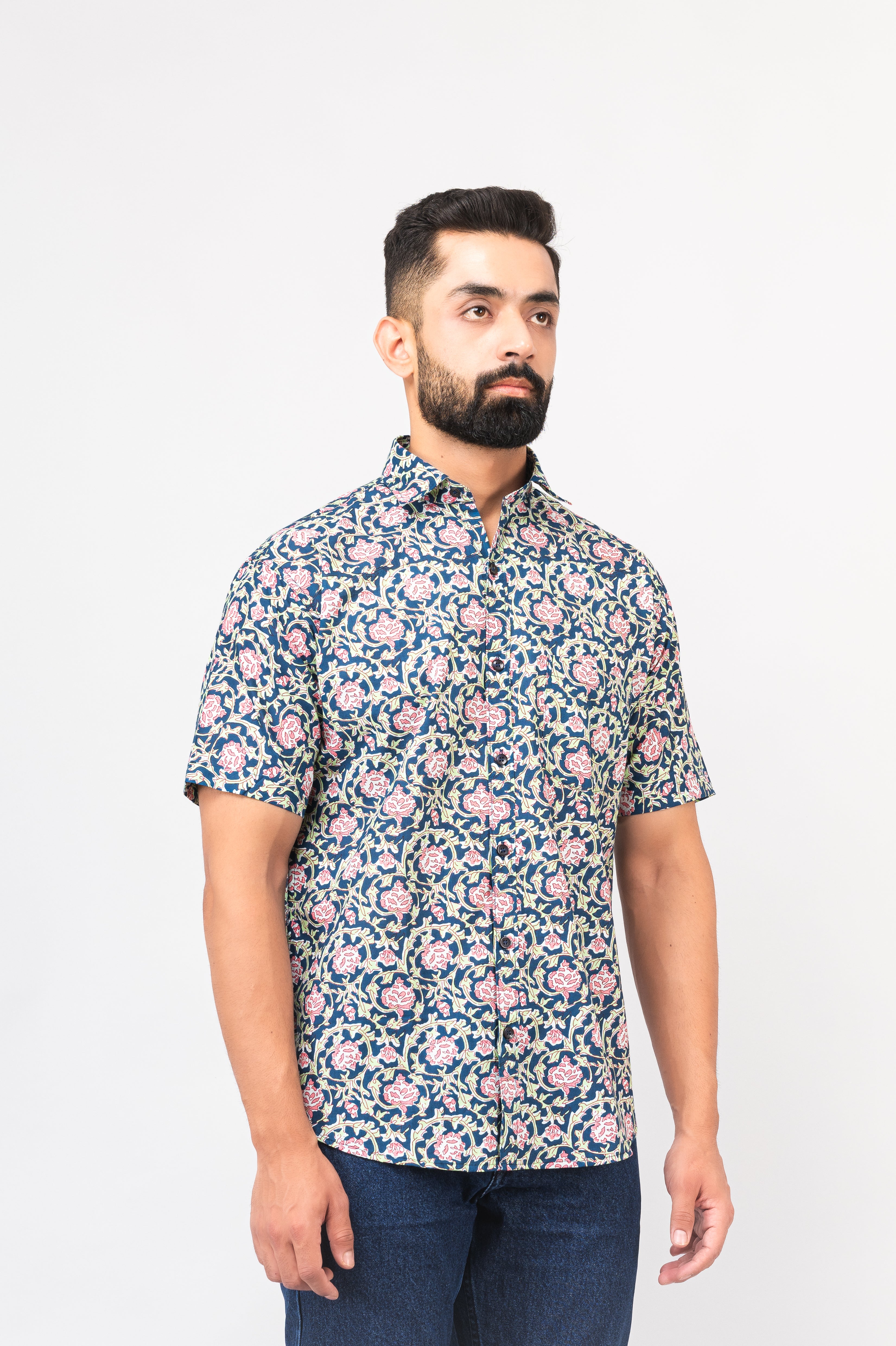 Navy Blue Calico Print Half Sleeves Shirt