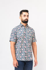 Navy Blue Calico Print Half Sleeves Shirt