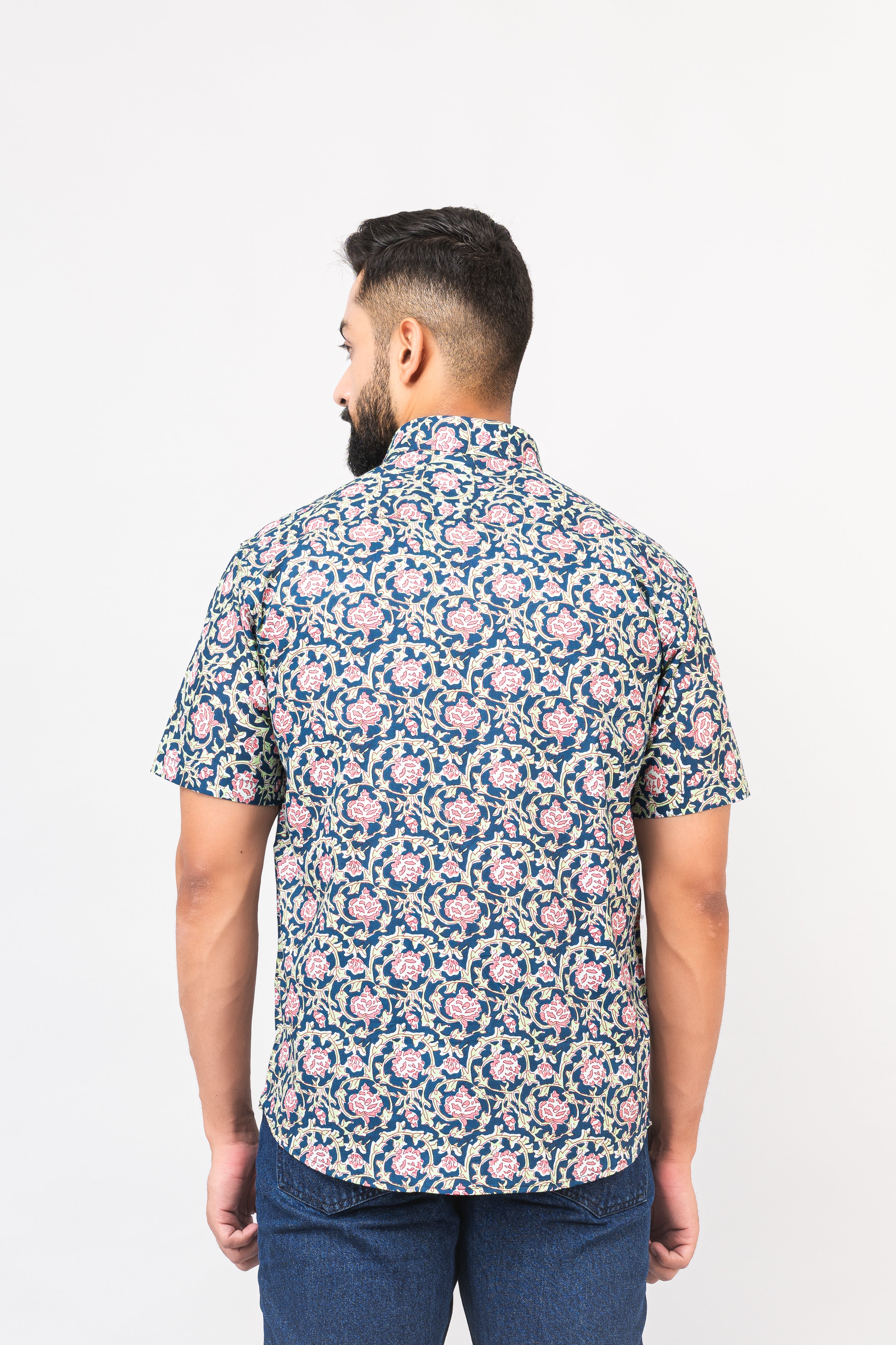 Navy Blue Calico Print Half Sleeves Shirt