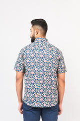Navy Blue Calico Print Half Sleeves Shirt