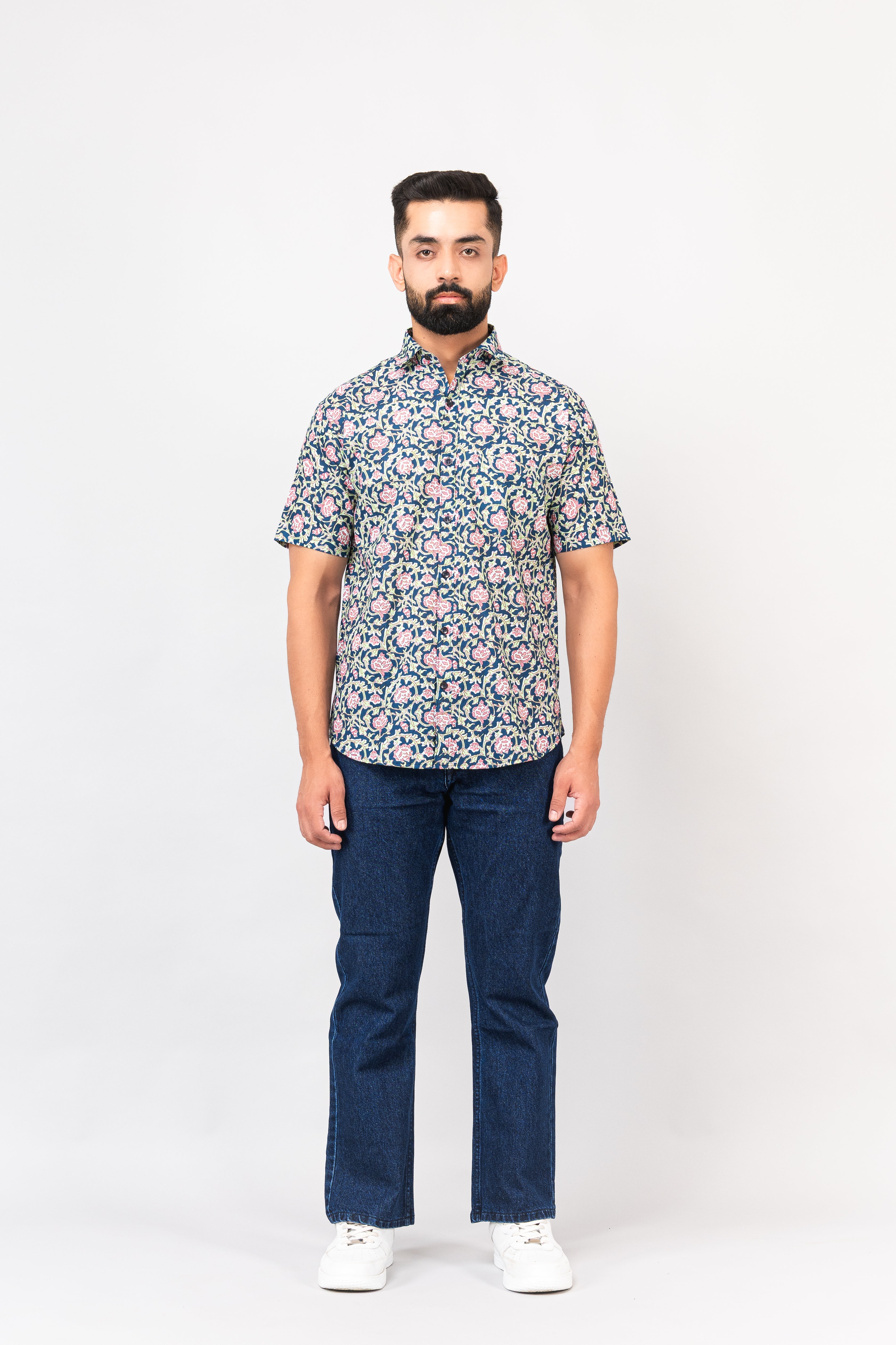 Navy Blue Calico Print Half Sleeves Shirt