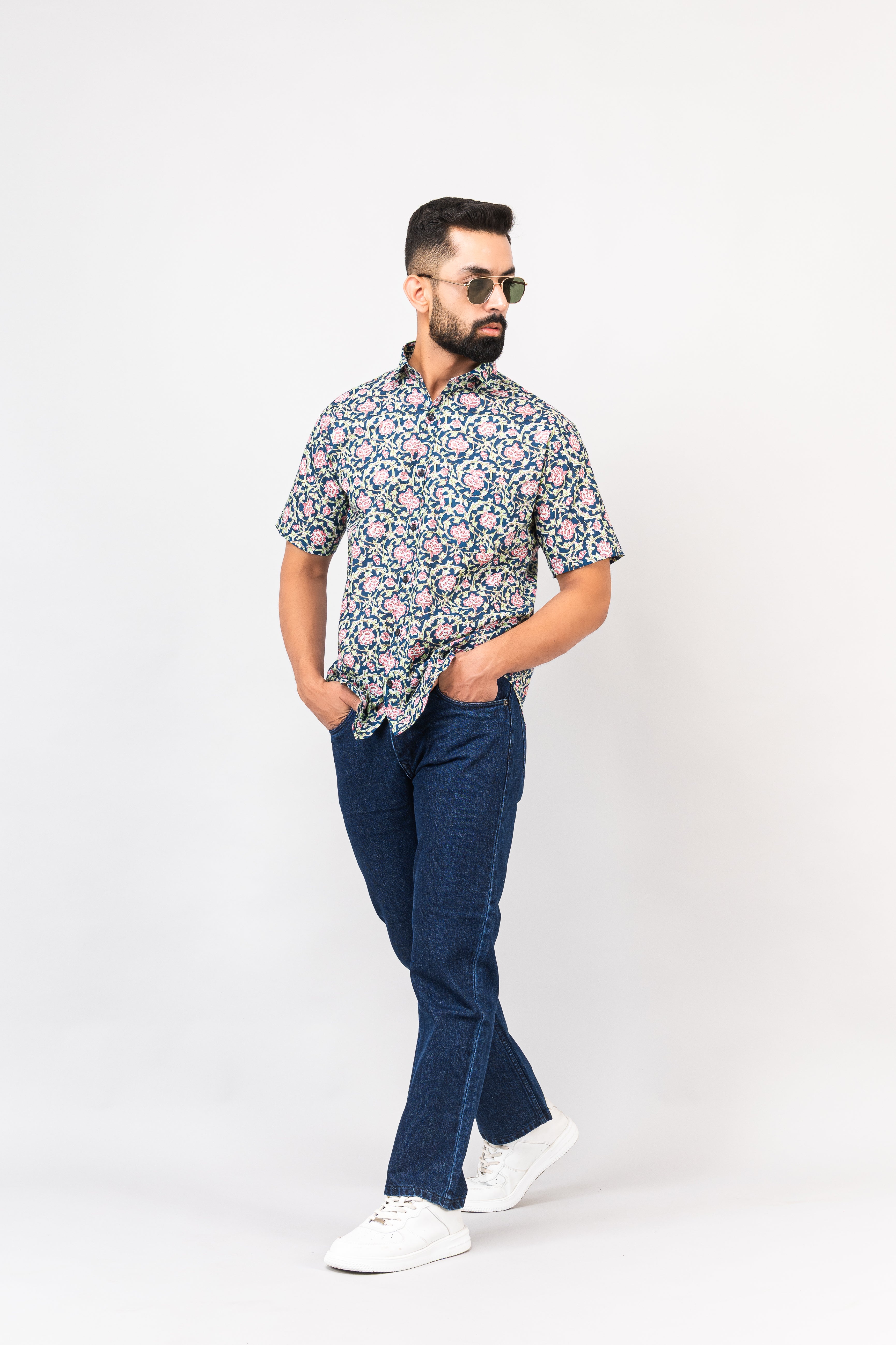 Navy Blue Calico Print Half Sleeves Shirt