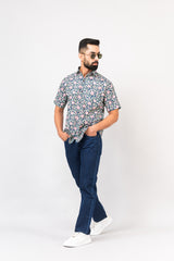 Navy Blue Calico Print Half Sleeves Shirt