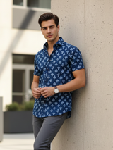Navy Blue Hand Block Printed Half Sleeves Shirt