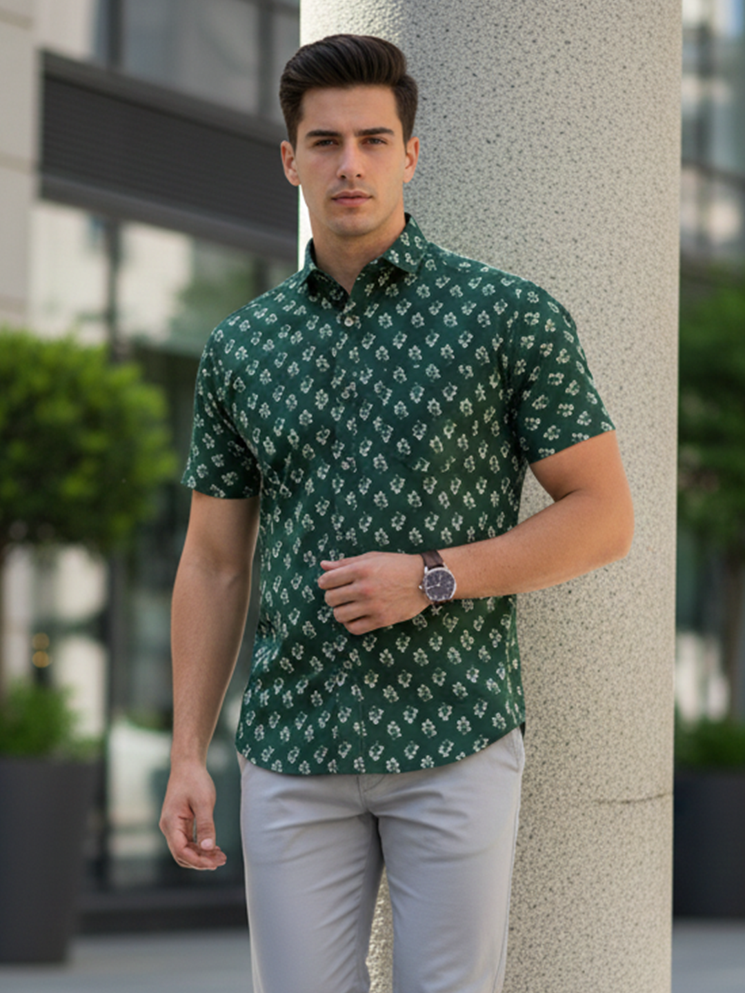 Army Green Floral Print Half Sleeves Shirt