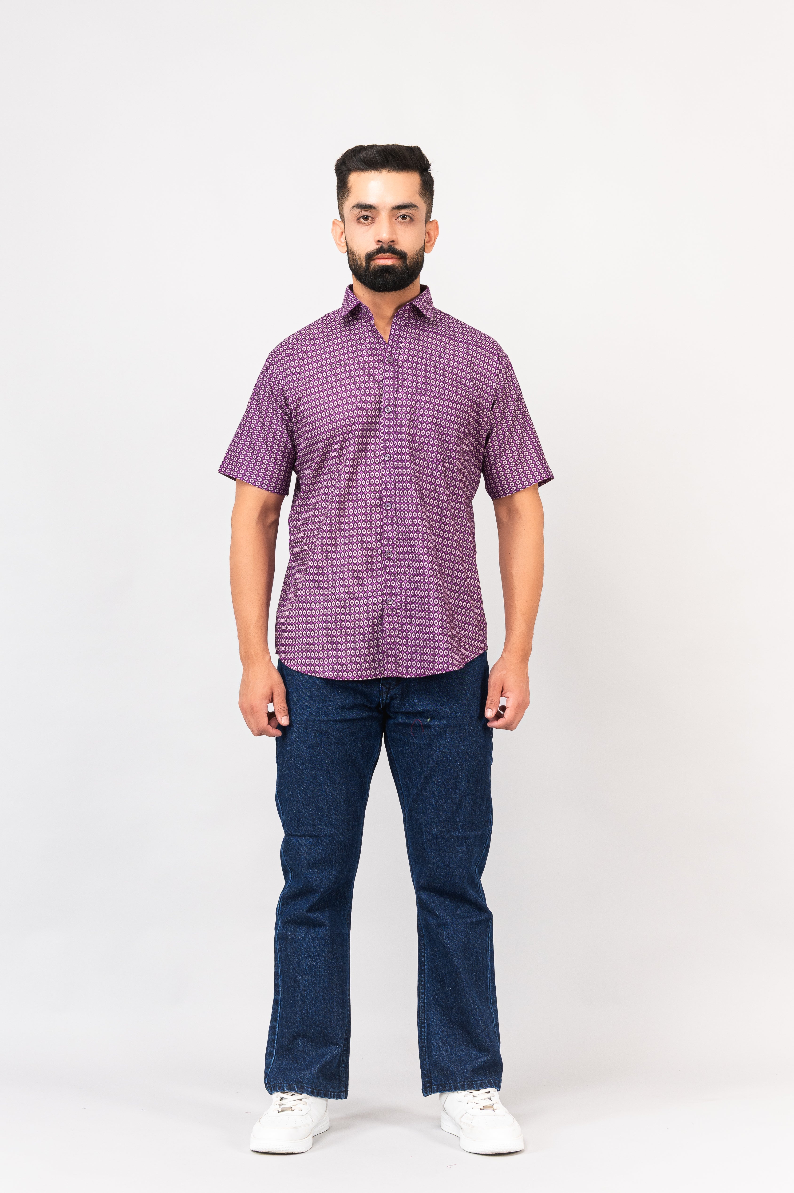 Purple Geometric Design Half Sleeves Shirt