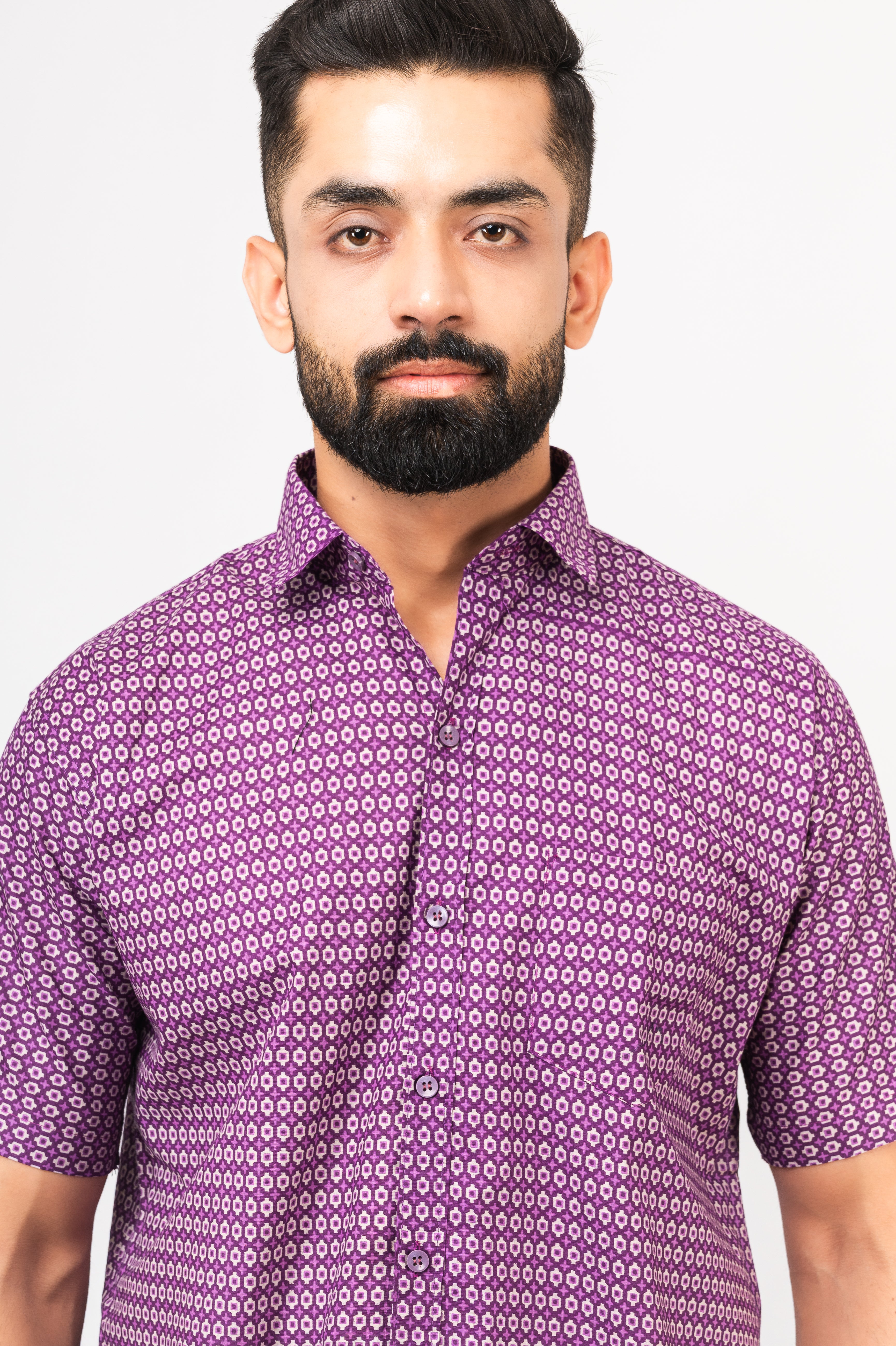 Purple Geometric Design Half Sleeves Shirt
