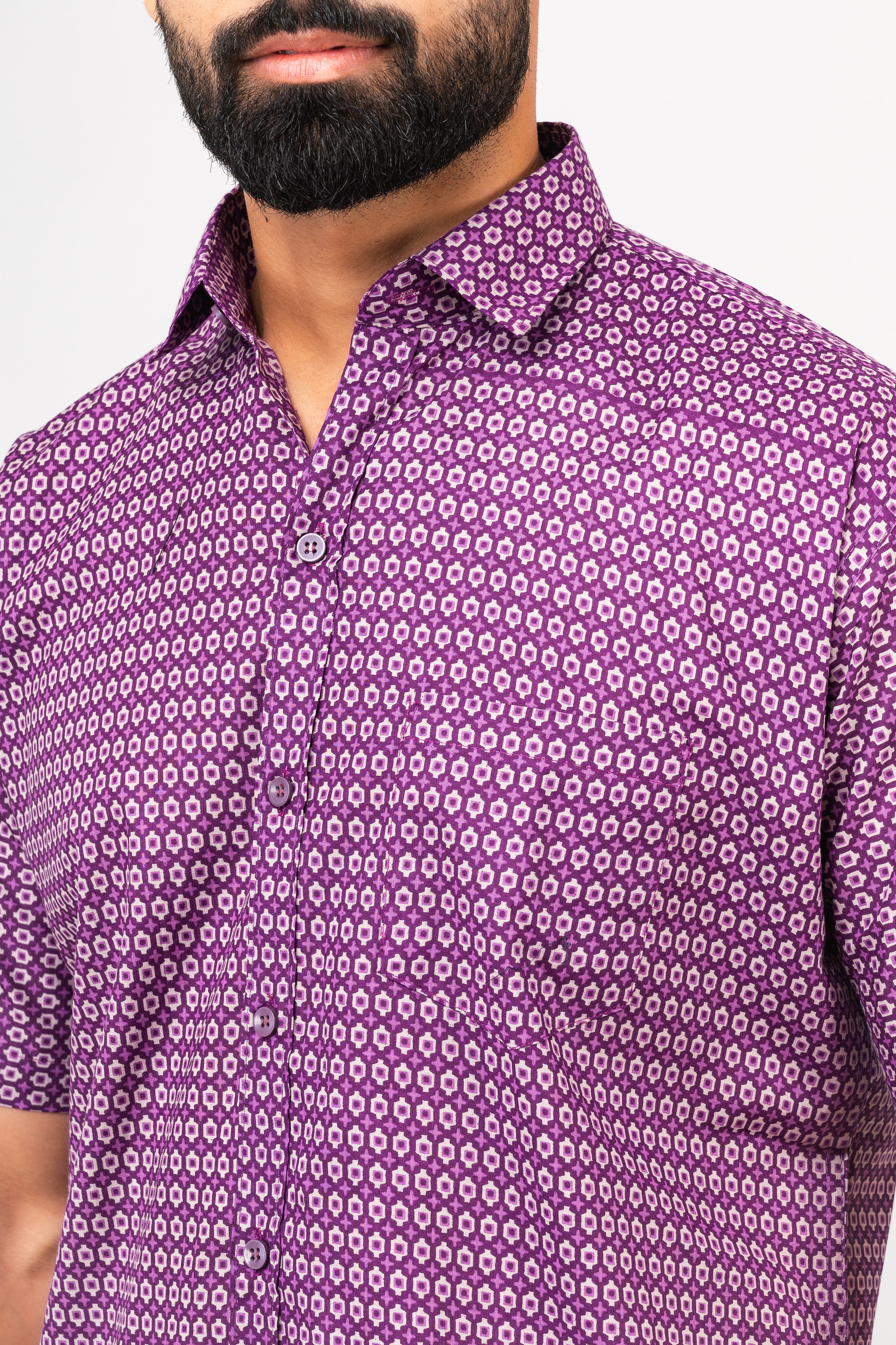 Purple Geometric Design Half Sleeves Shirt