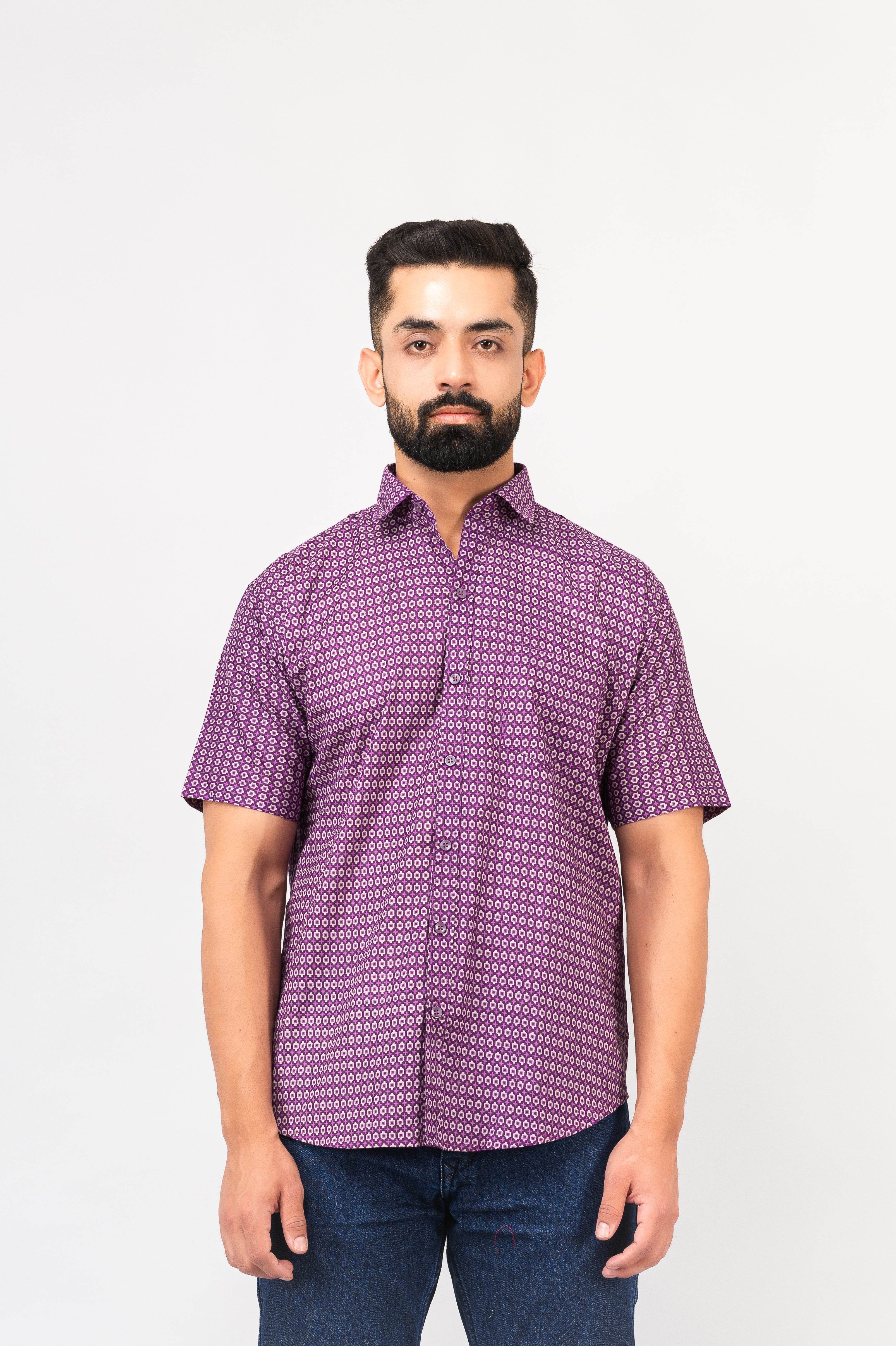 Purple Geometric Design Half Sleeves Shirt