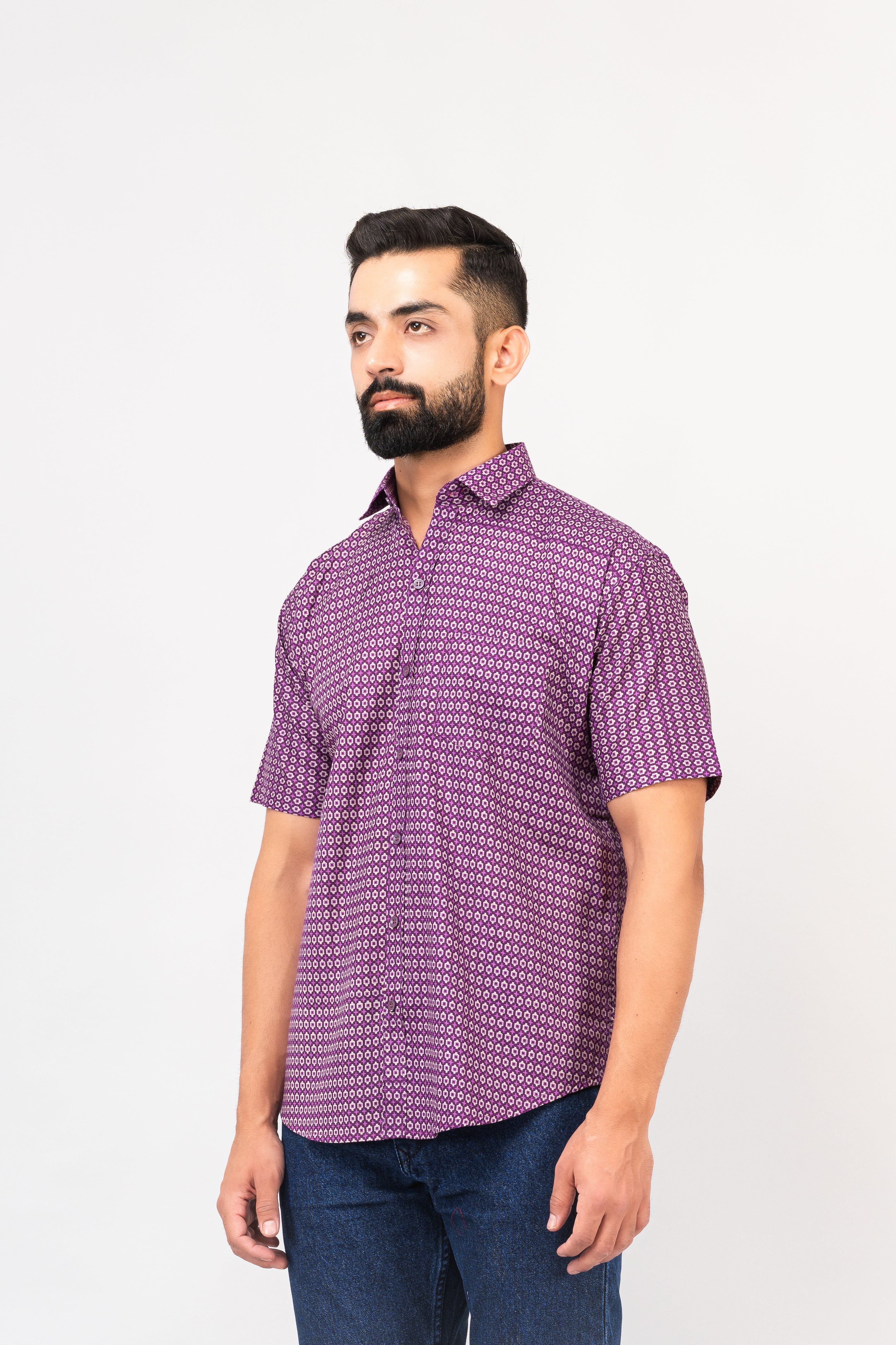 Purple Geometric Design Half Sleeves Shirt