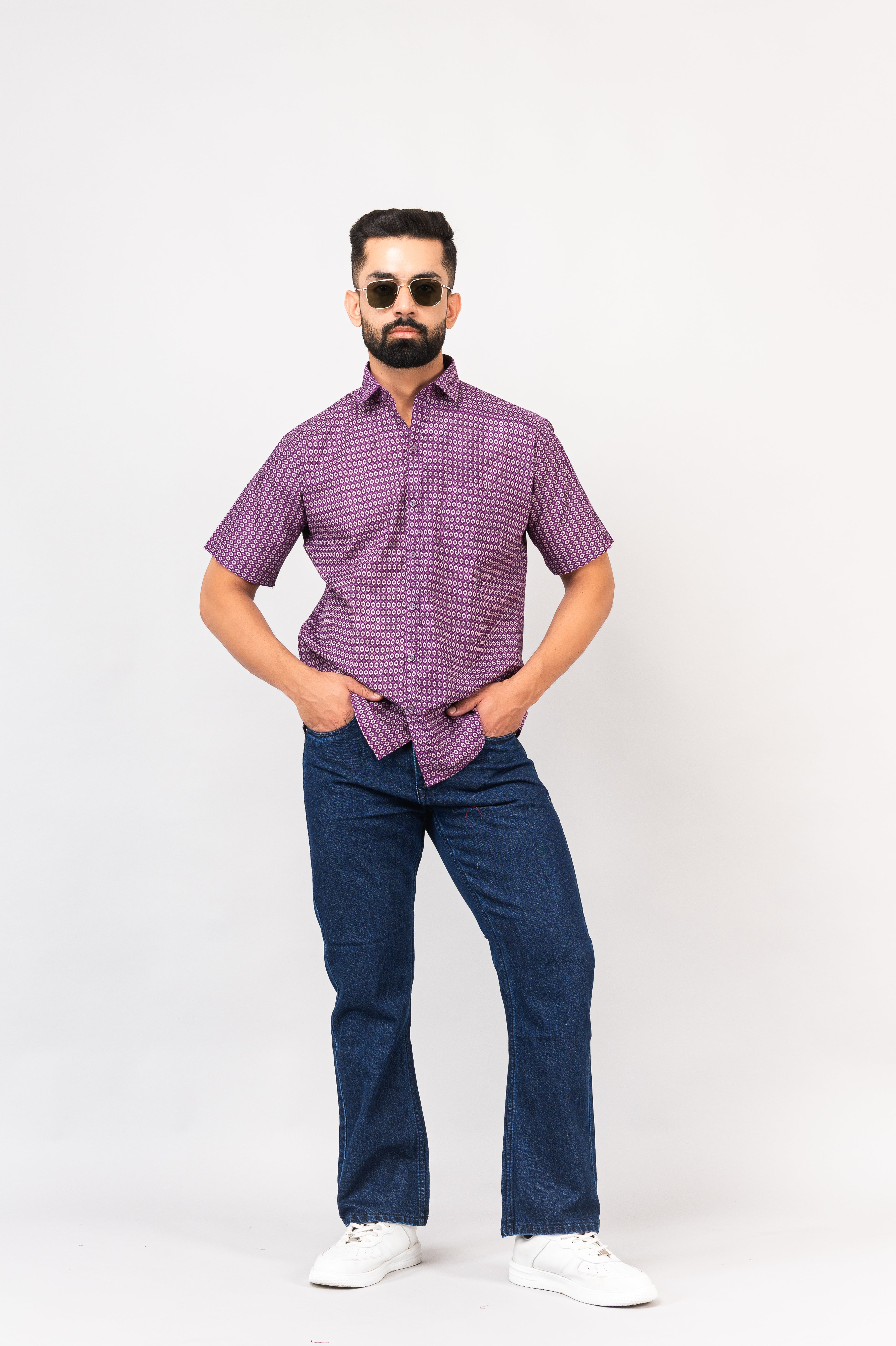 Purple Geometric Design Half Sleeves Shirt