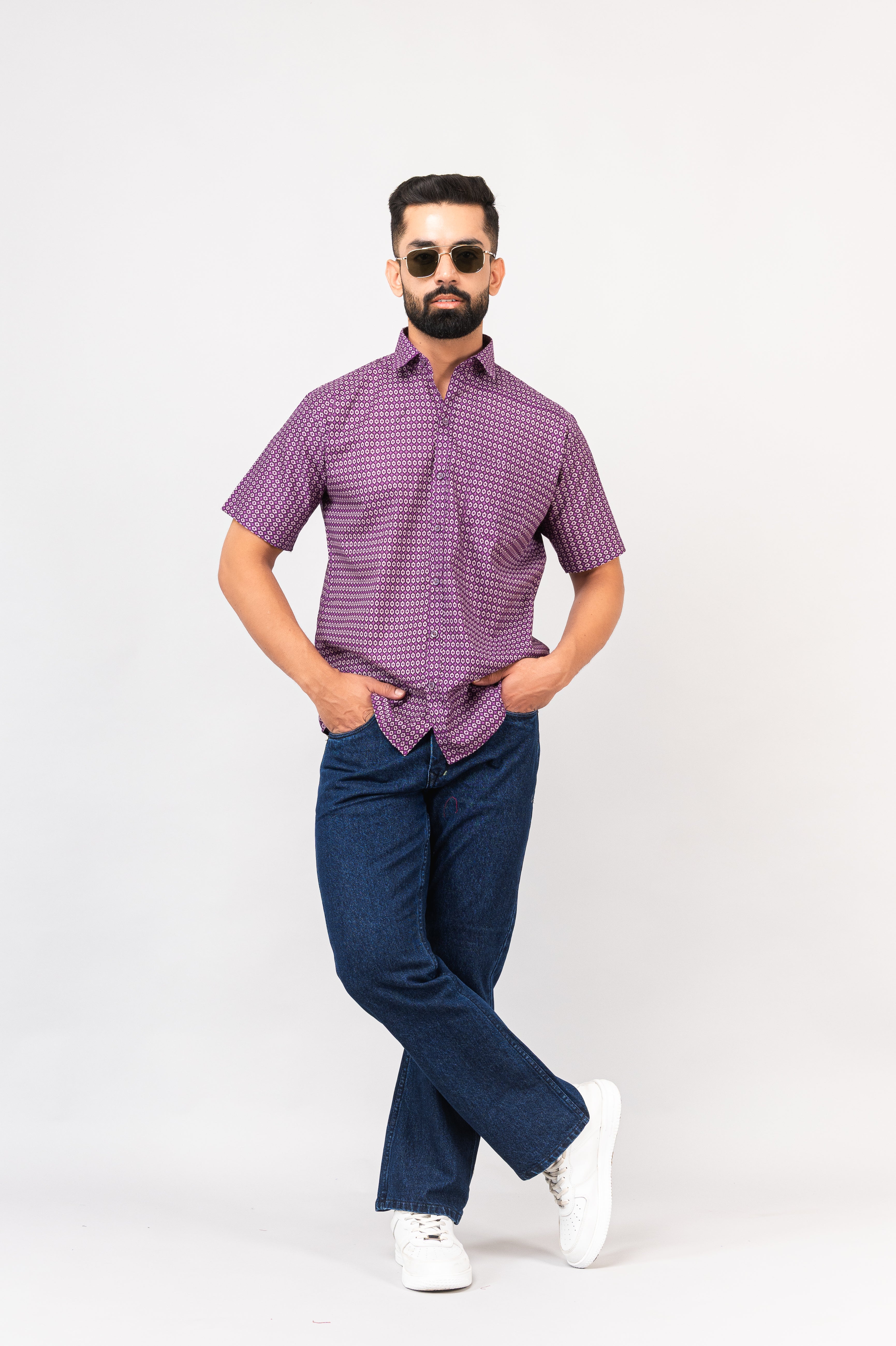 Purple Geometric Design Half Sleeves Shirt