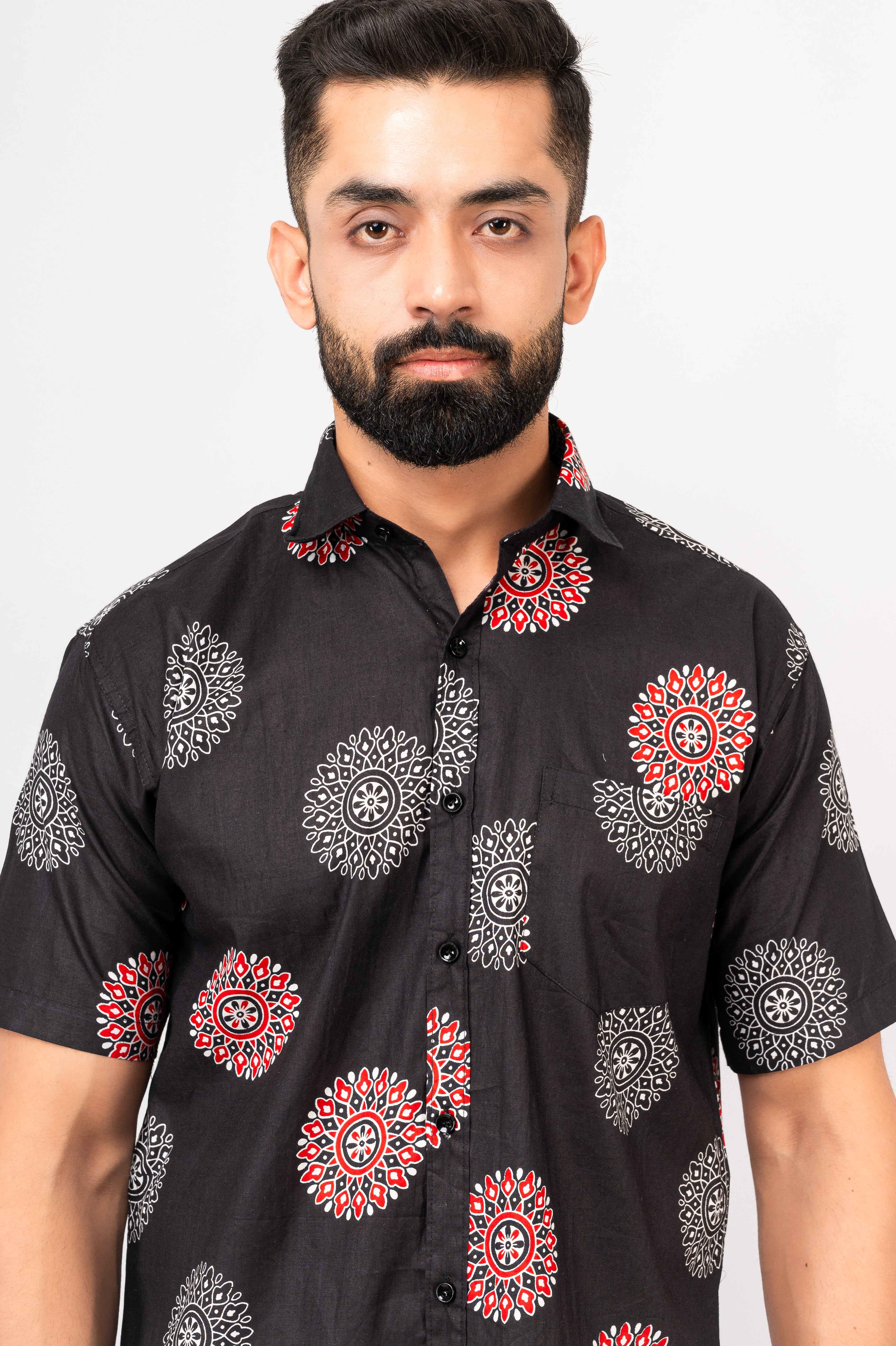 Black Mandala Print Half Sleeves Shirt