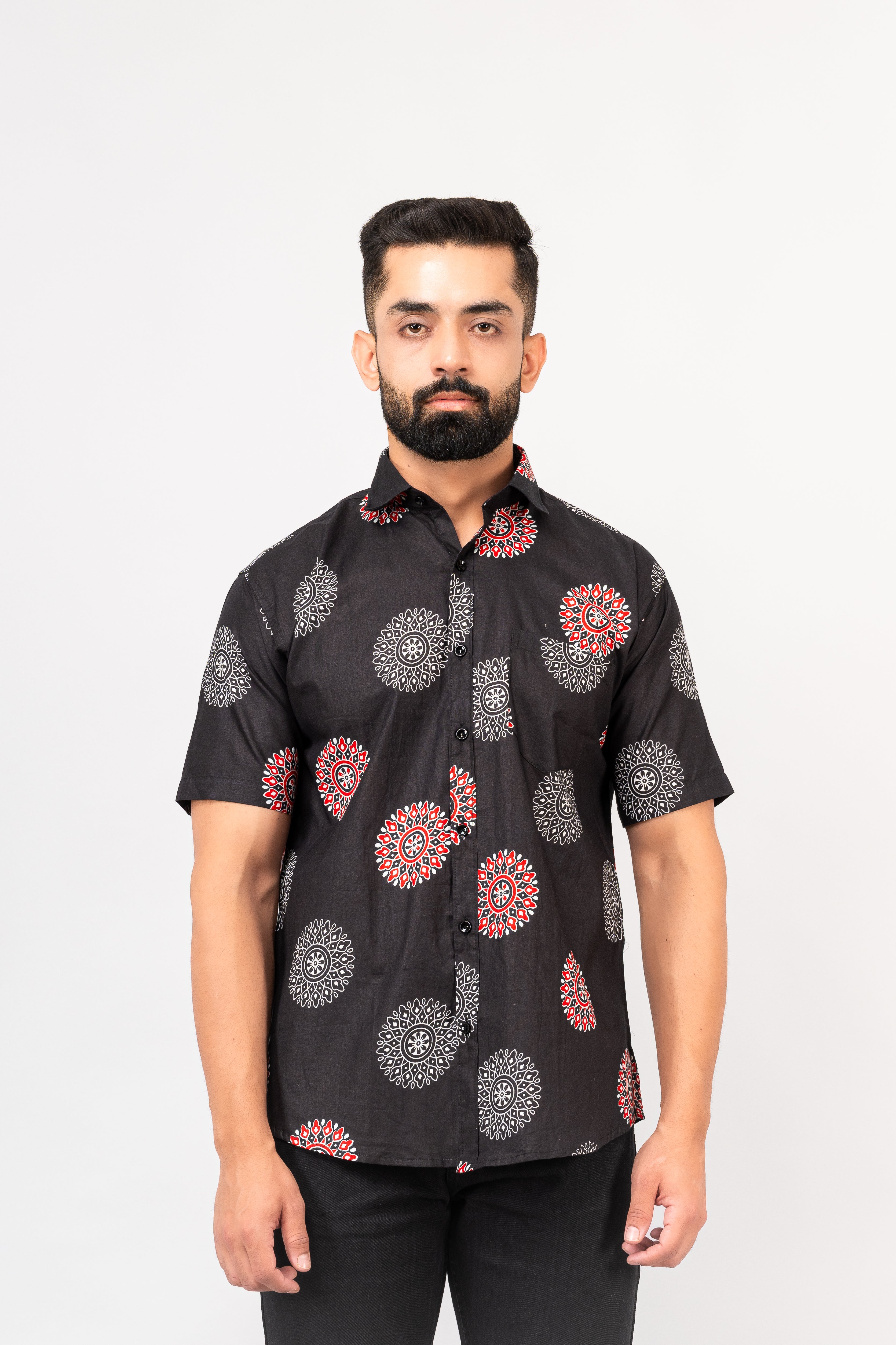 Black Mandala Print Half Sleeves Shirt