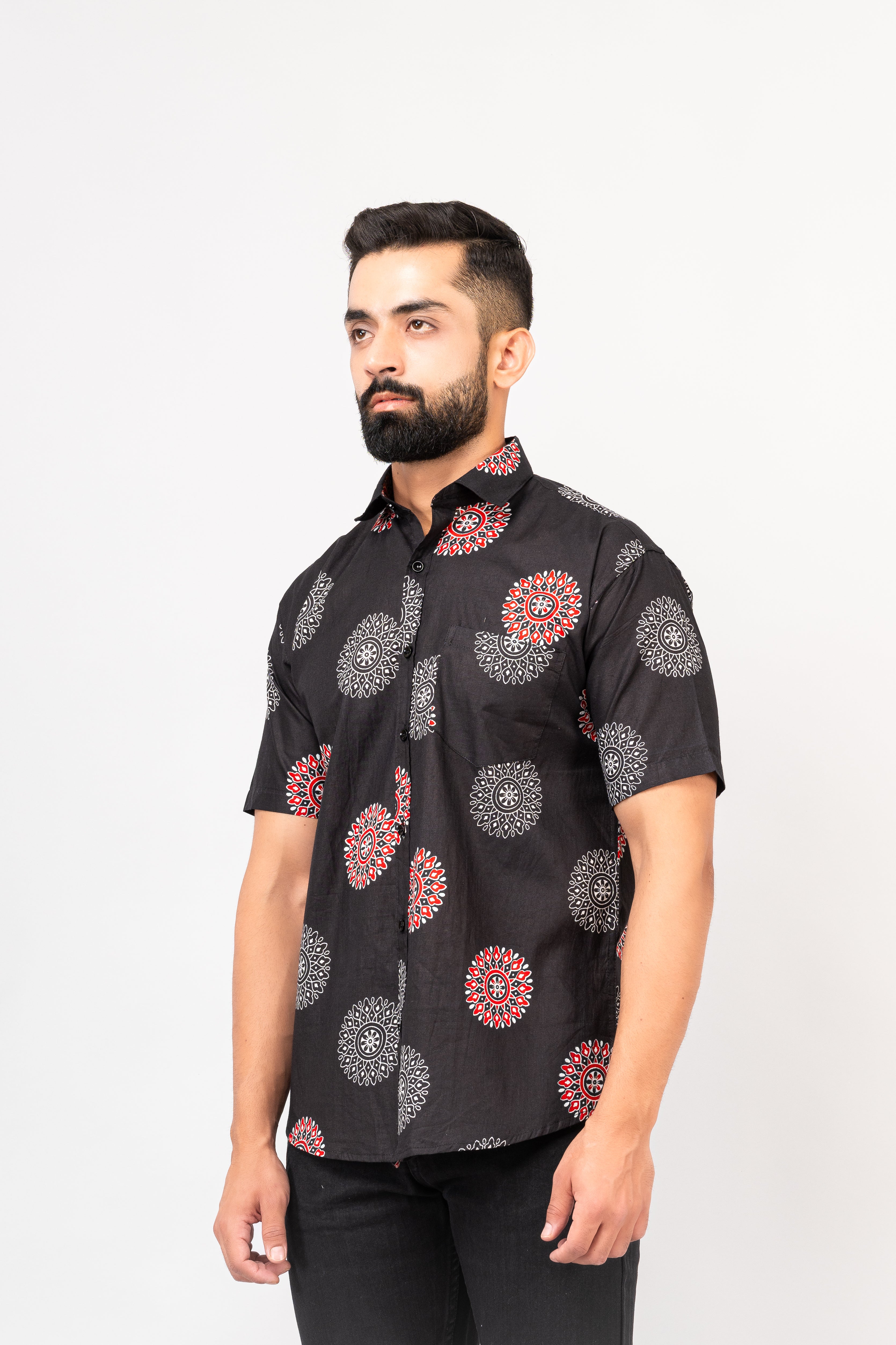Black Mandala Print Half Sleeves Shirt