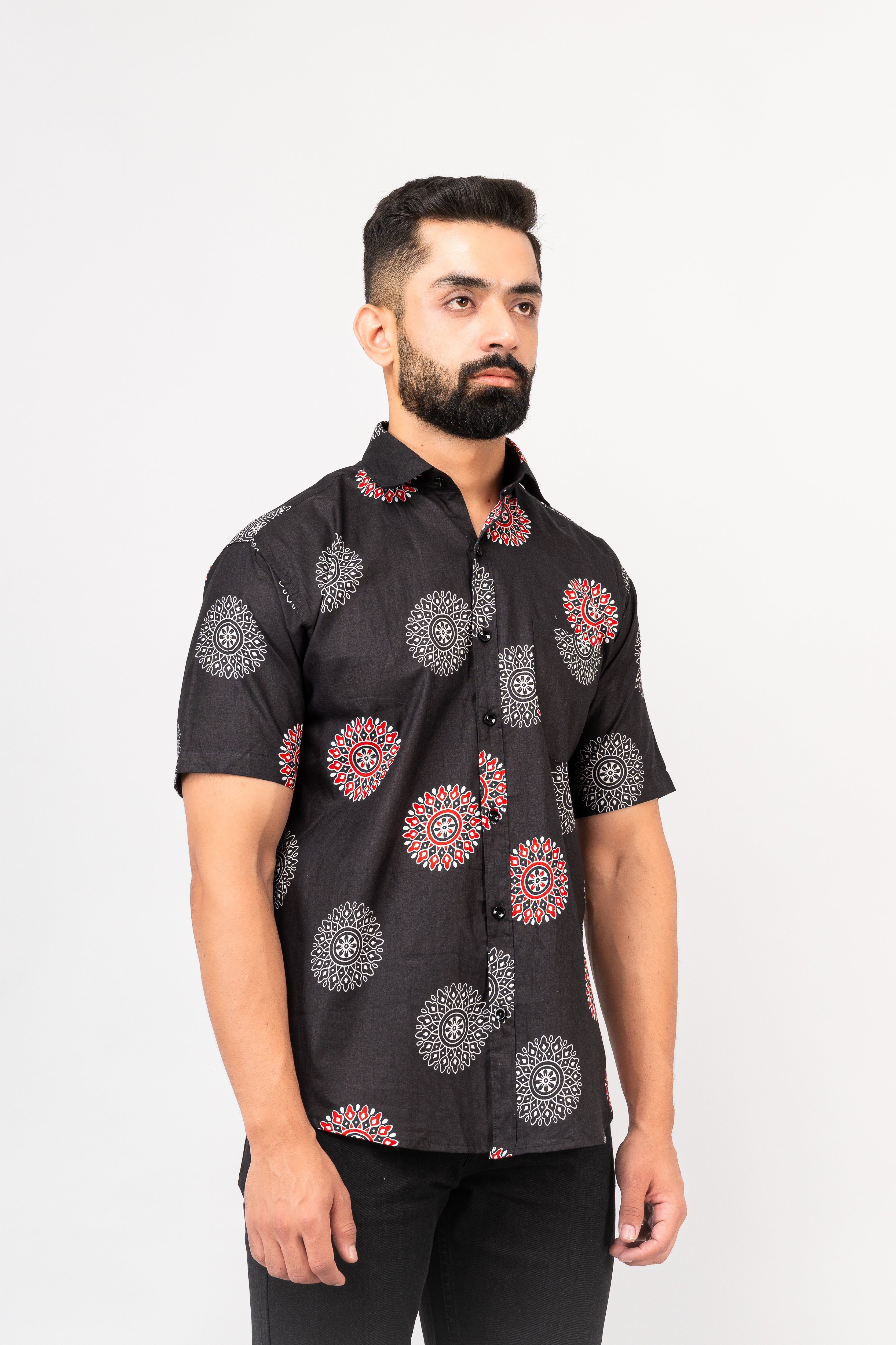 Black Mandala Print Half Sleeves Shirt
