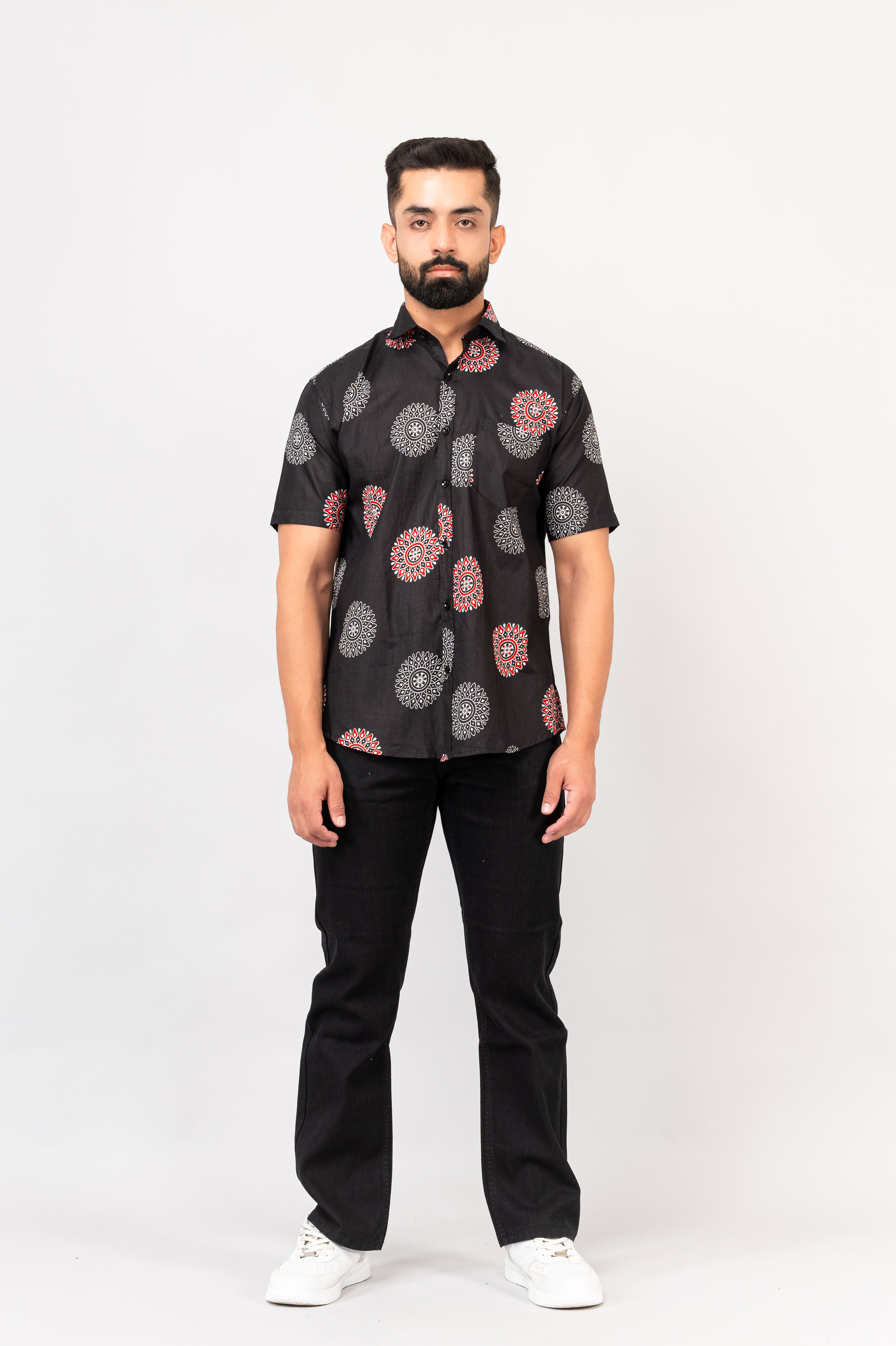 Black Mandala Print Half Sleeves Shirt