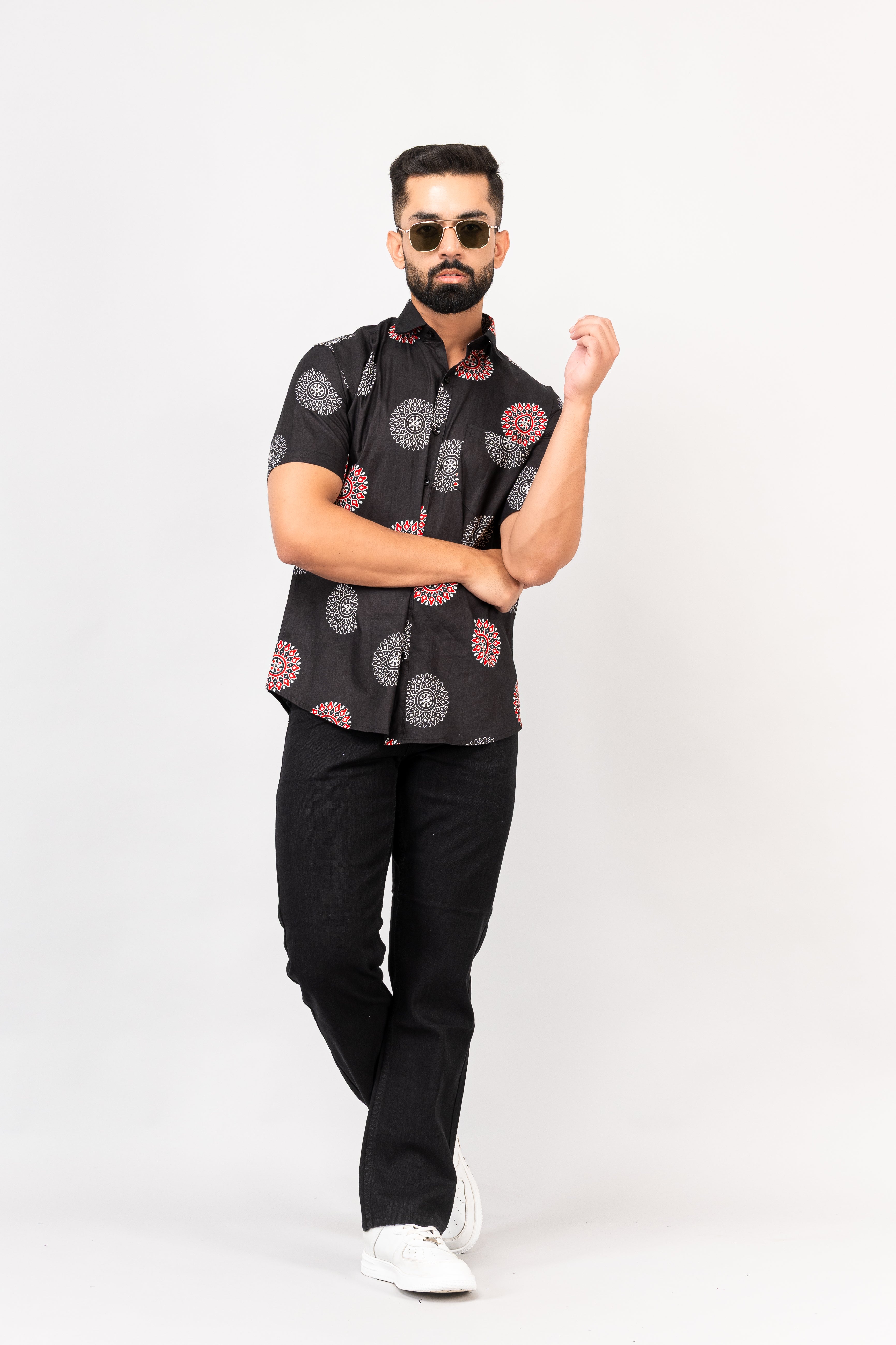 Black Mandala Print Half Sleeves Shirt