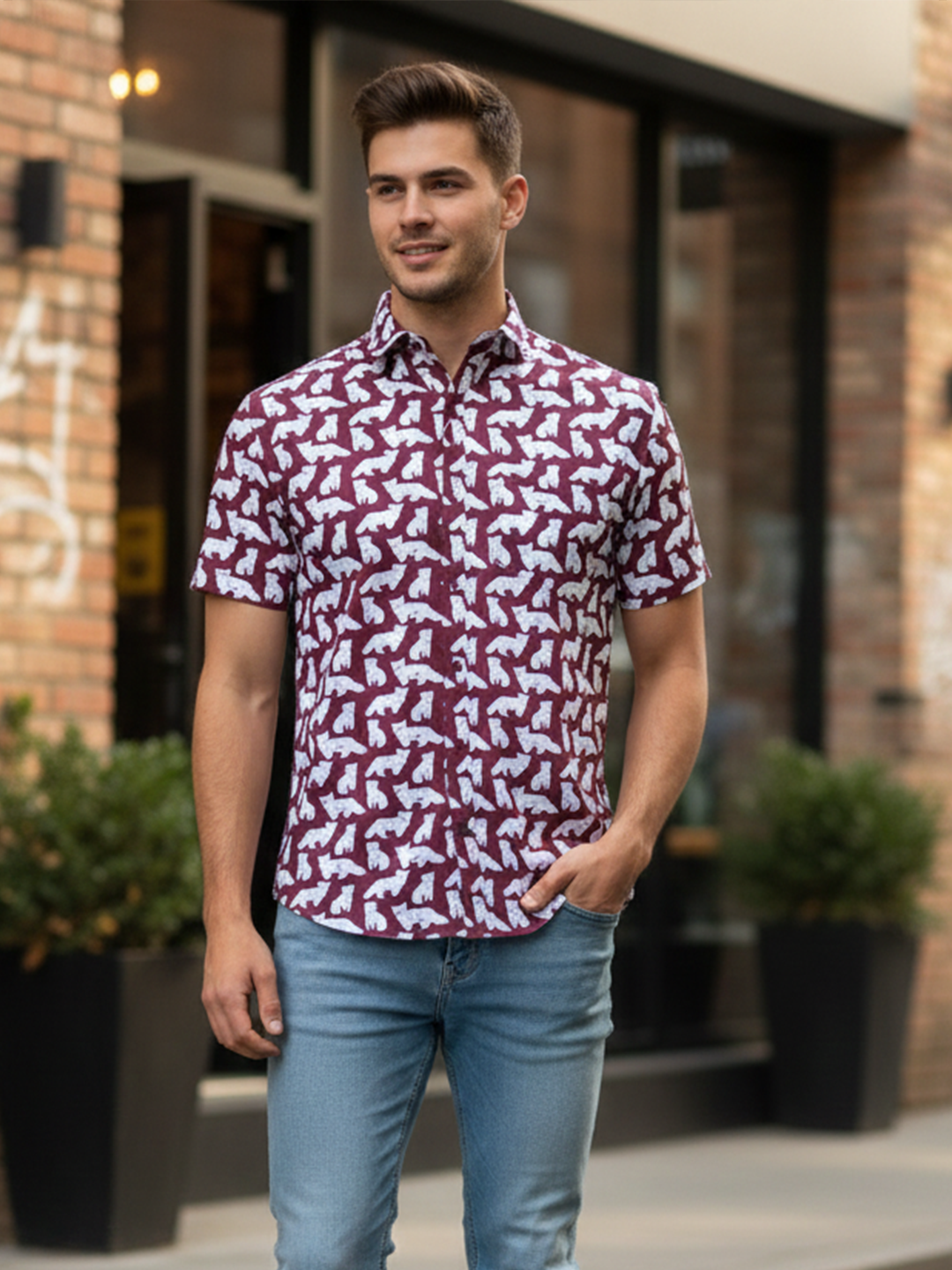 Burgundy Cat  printed Sanganeri Half sleeve shirt