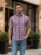 Burgundy Cat  printed Sanganeri Half sleeve shirt