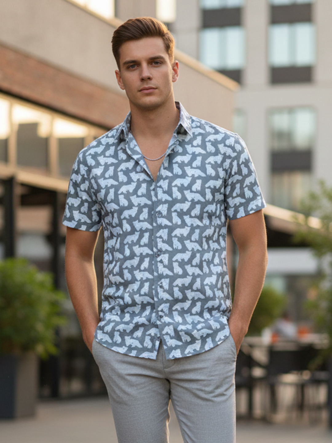 Dark Grey Cat printed Sanganeri Half sleeve shirt