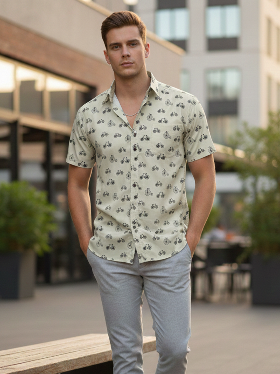 Off White Bicycle  printed Sanganeri Half sleeve shirt
