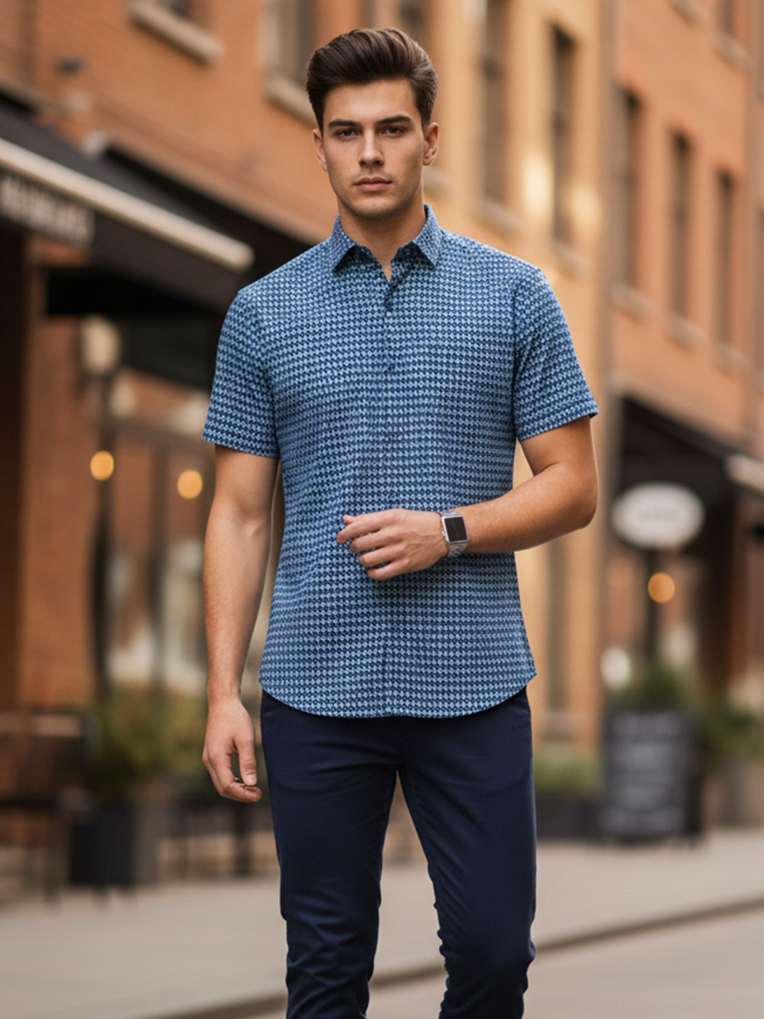Dark Blue Geomatric Sanganeri printed Half sleeve shirt