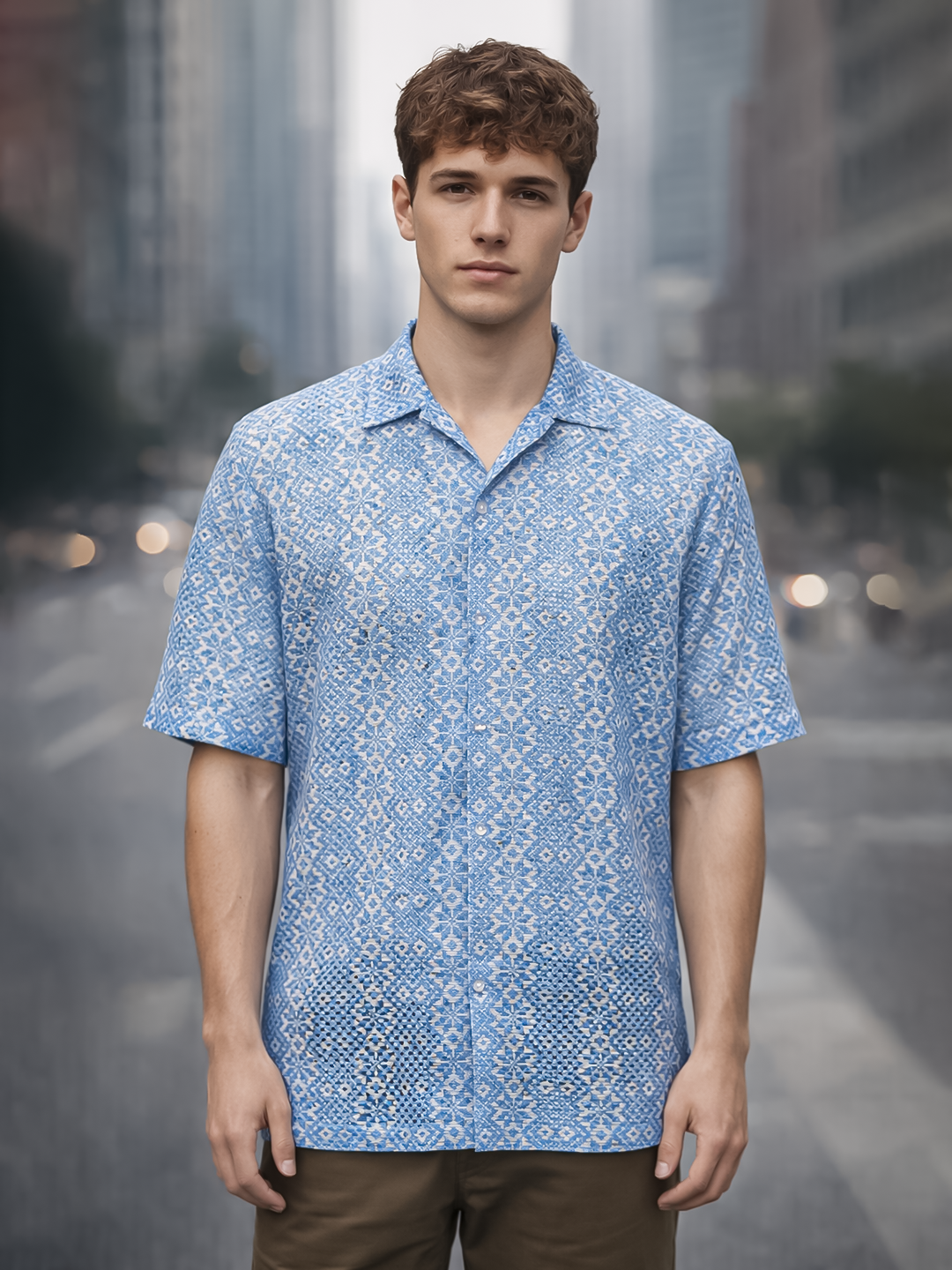 Teal Blue Half Sleeve Crochet Shirt
