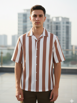 Brown Half Sleeves Big Striped Crochet Shirt