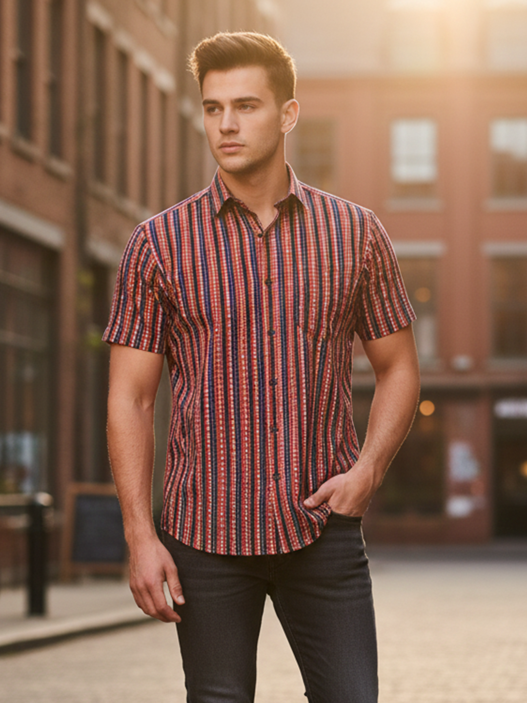 Tistabene Red & Blue Half Sleeves Sanganeri Shirt