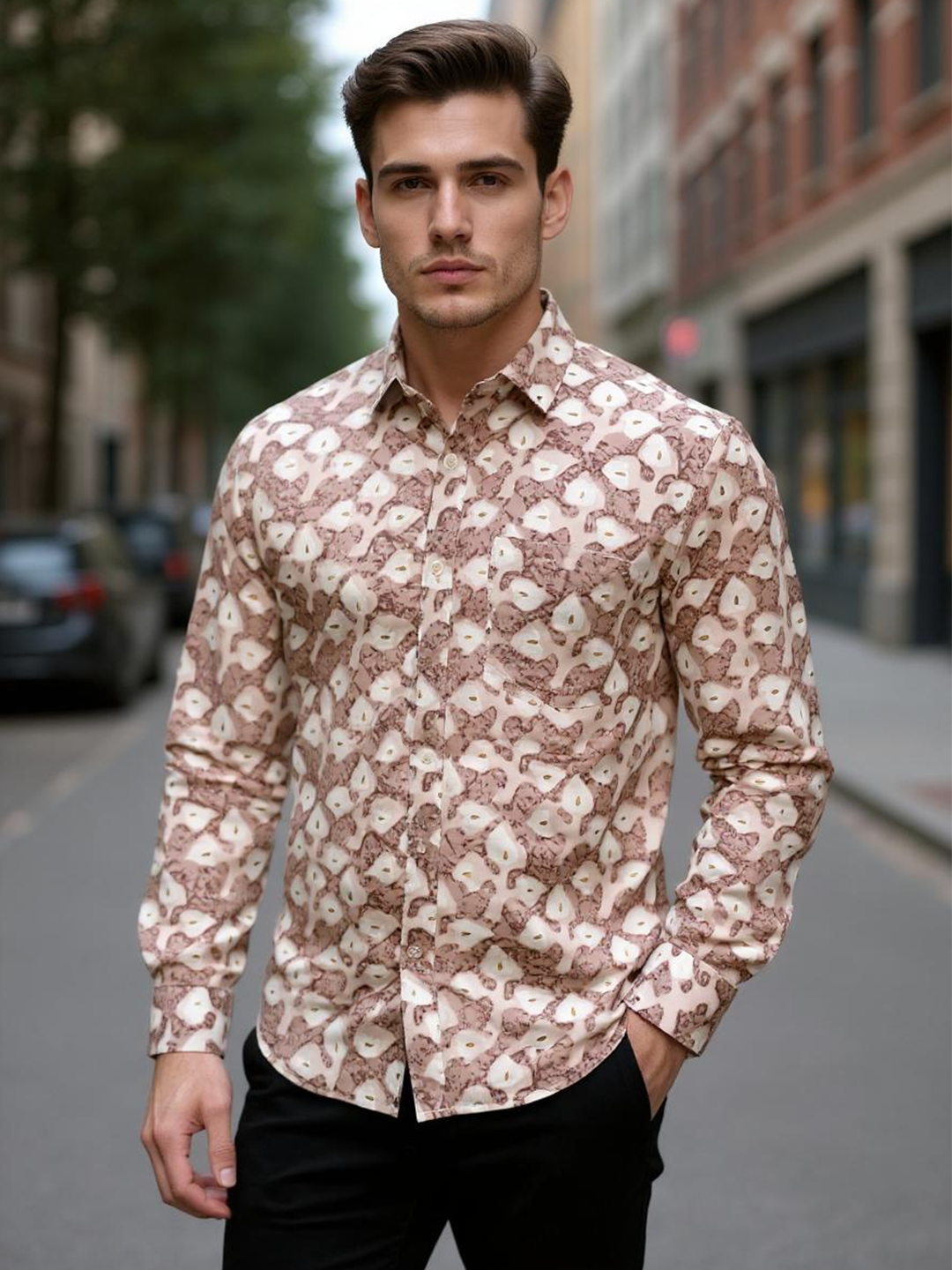 Tistabene Light Brown Full Sleeves Sanganeri Shirt